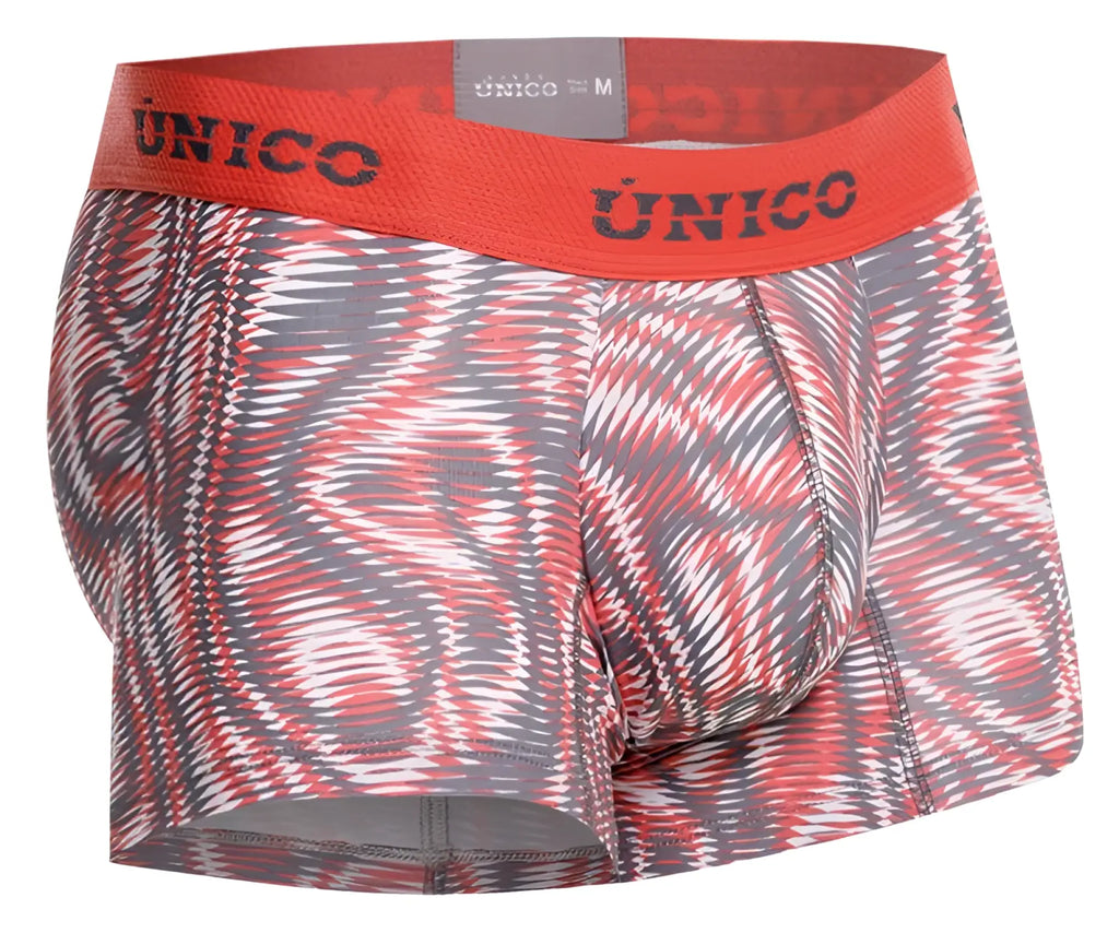 Unico 26020100116 acanalado trunks in red and gray featuring bold abstract patterned men’s boxer briefs