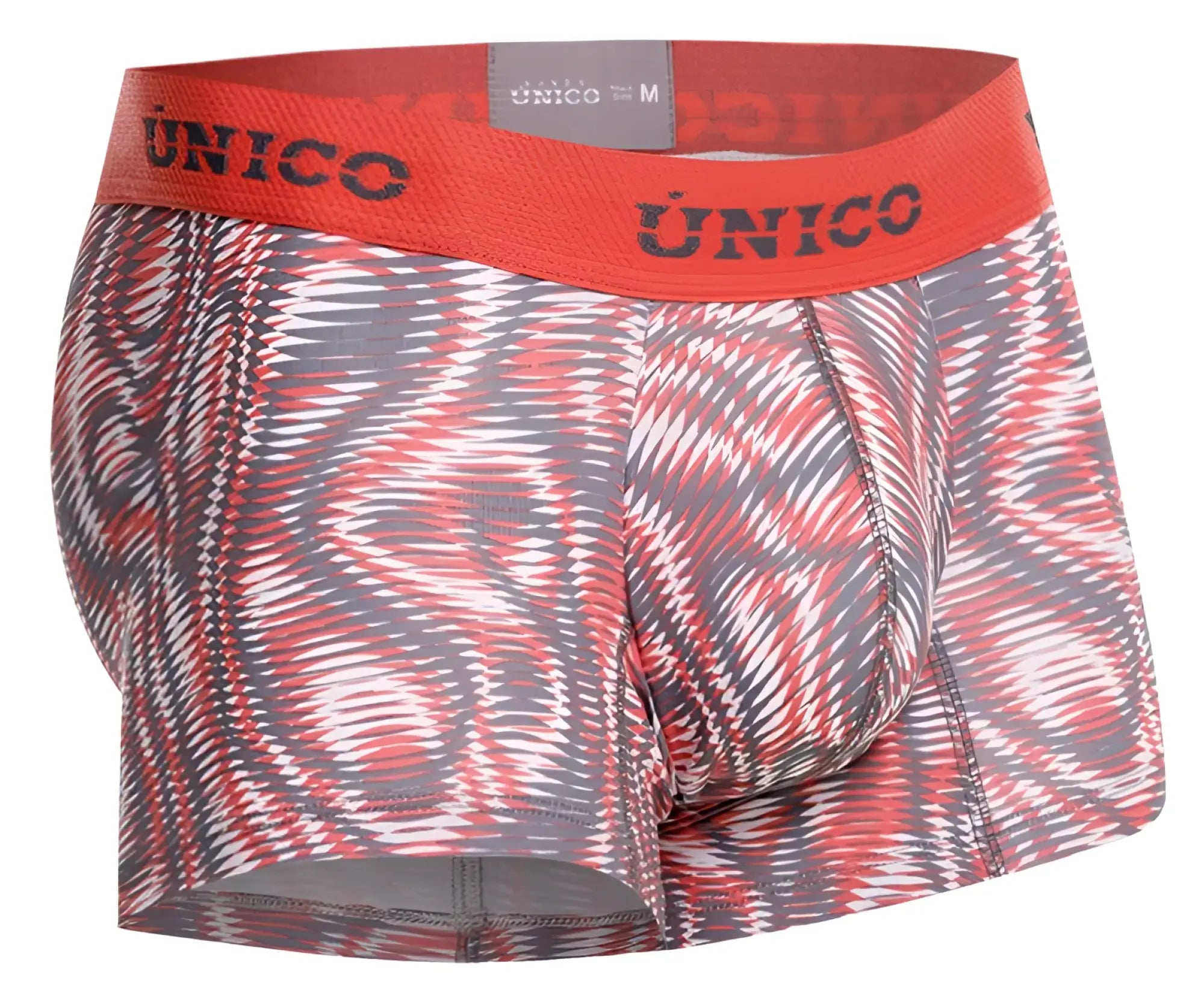 Unico 26020100116 acanalado trunks in red and gray featuring bold abstract patterned men’s boxer briefs
