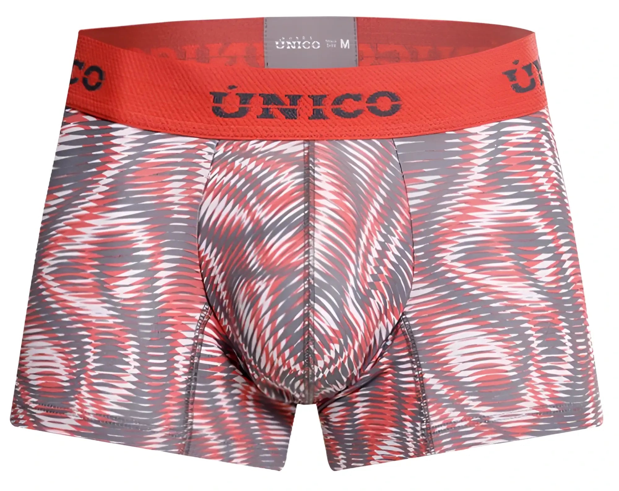Unico men’s boxer briefs with red and gray bold abstract wave pattern in acanalado trunks color 22 pink