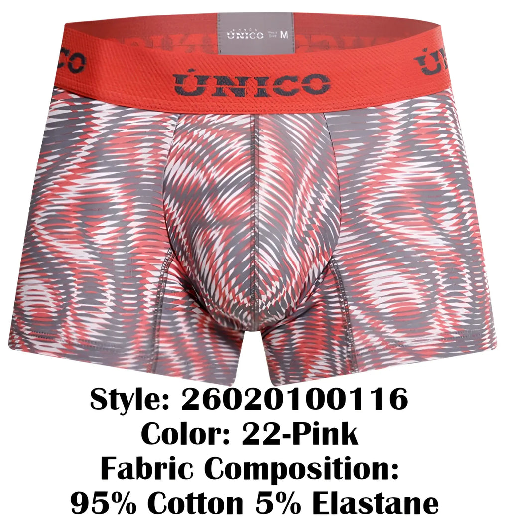 Unico men’s boxer briefs in red and gray with a bold abstract wave design in acanalado trunks color 22-pink