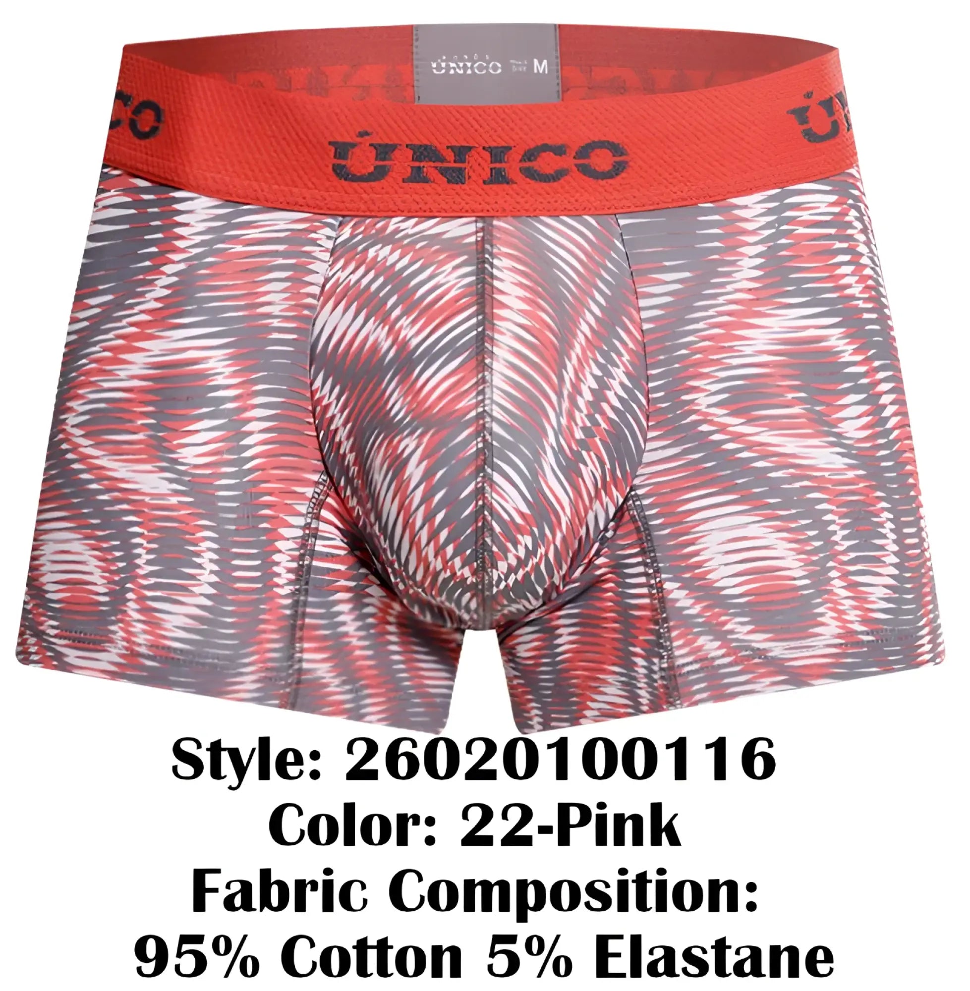 Unico men’s boxer briefs in red and gray with a bold abstract wave design in acanalado trunks color 22-pink