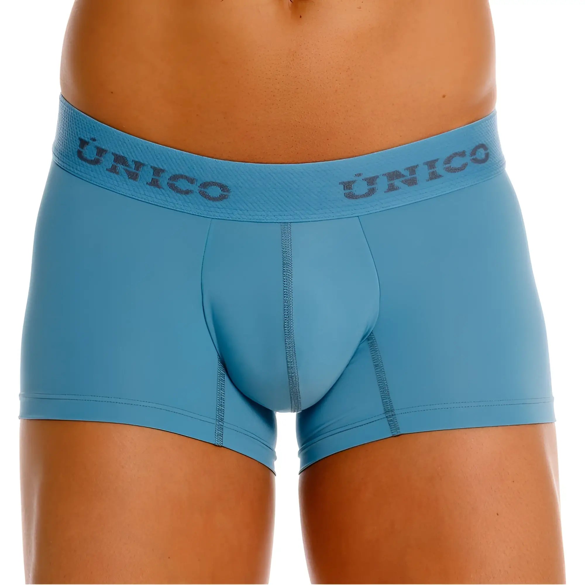Light blue unico ventisca trunks with textured waistband featuring gray unico brand name in briefs style