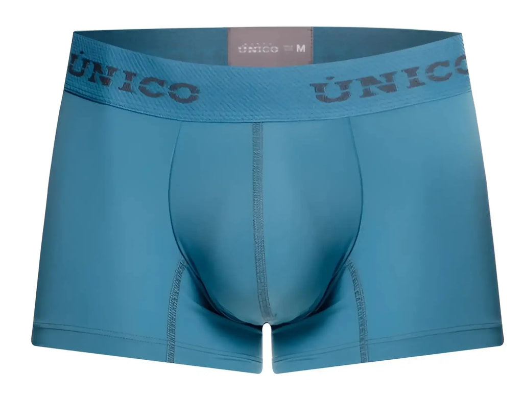Blue unico men’s boxer briefs with dark gray branded waistband in ventisca trunks color 46 blue style