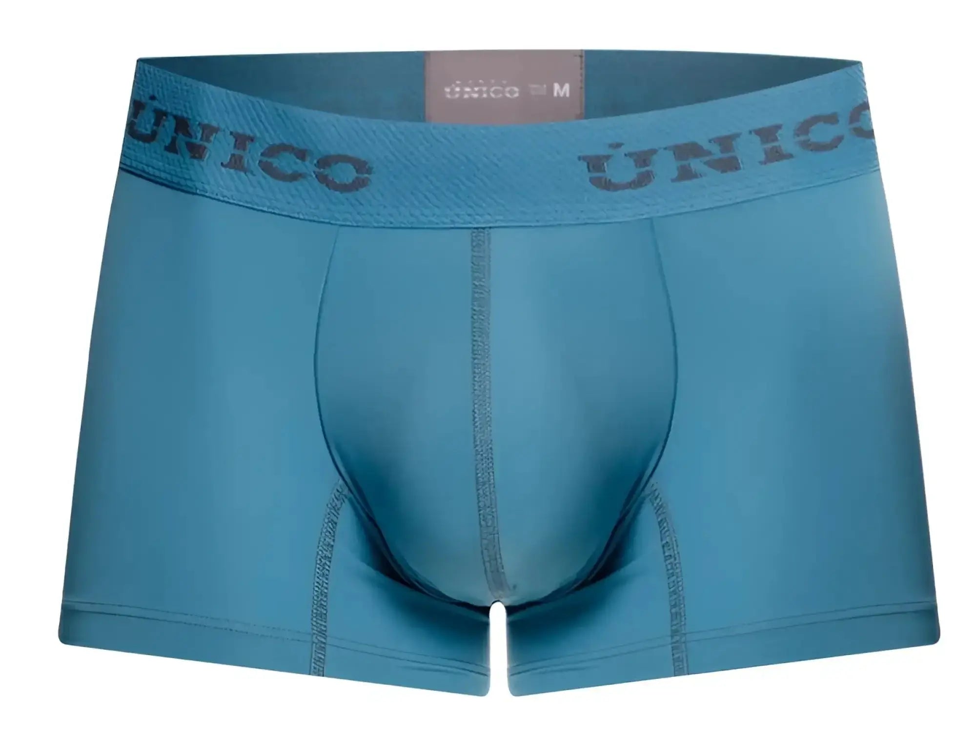 Blue unico men’s boxer briefs with dark gray branded waistband in ventisca trunks color 46 blue style
