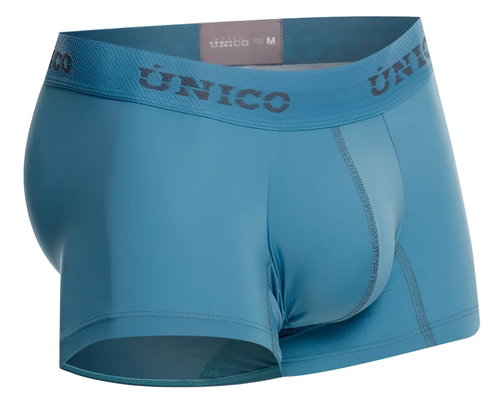 Light blue unico 26020100118 ventisca men’s boxer briefs with matching elastic waistband and dark gray branding