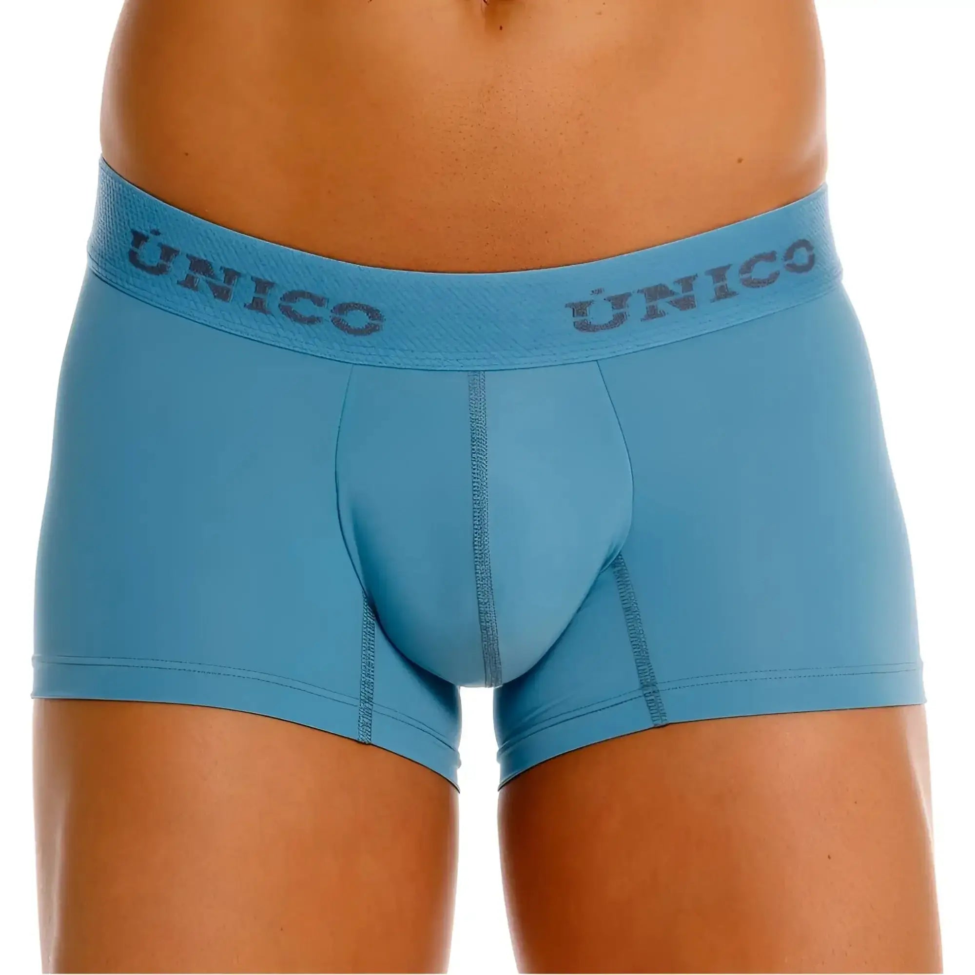 Light blue unico ventisca trunks with textured waistband featuring gray unico brand name in briefs style