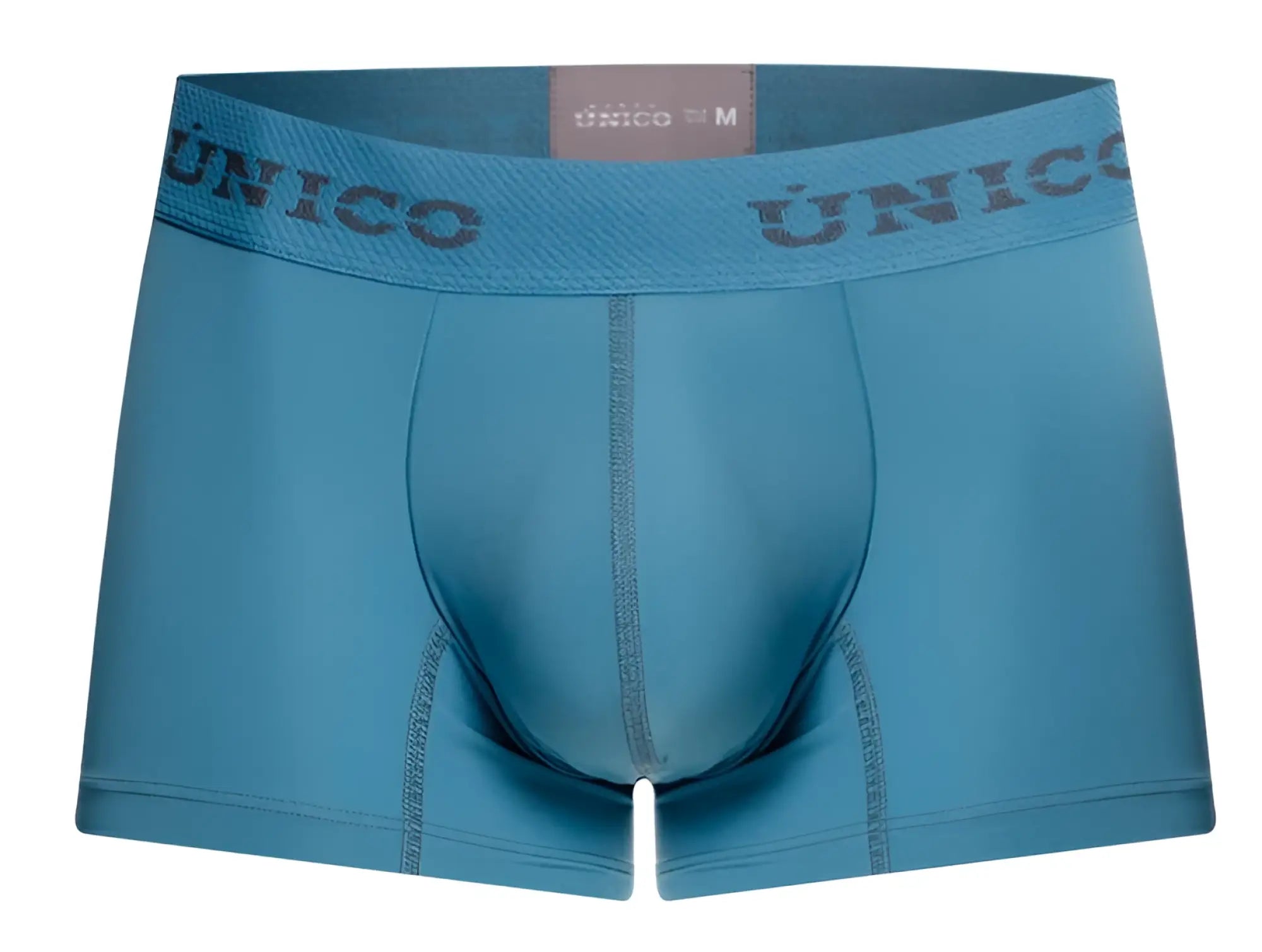Blue unico men’s boxer briefs with dark gray branded waistband in ventisca trunks color 46 blue style