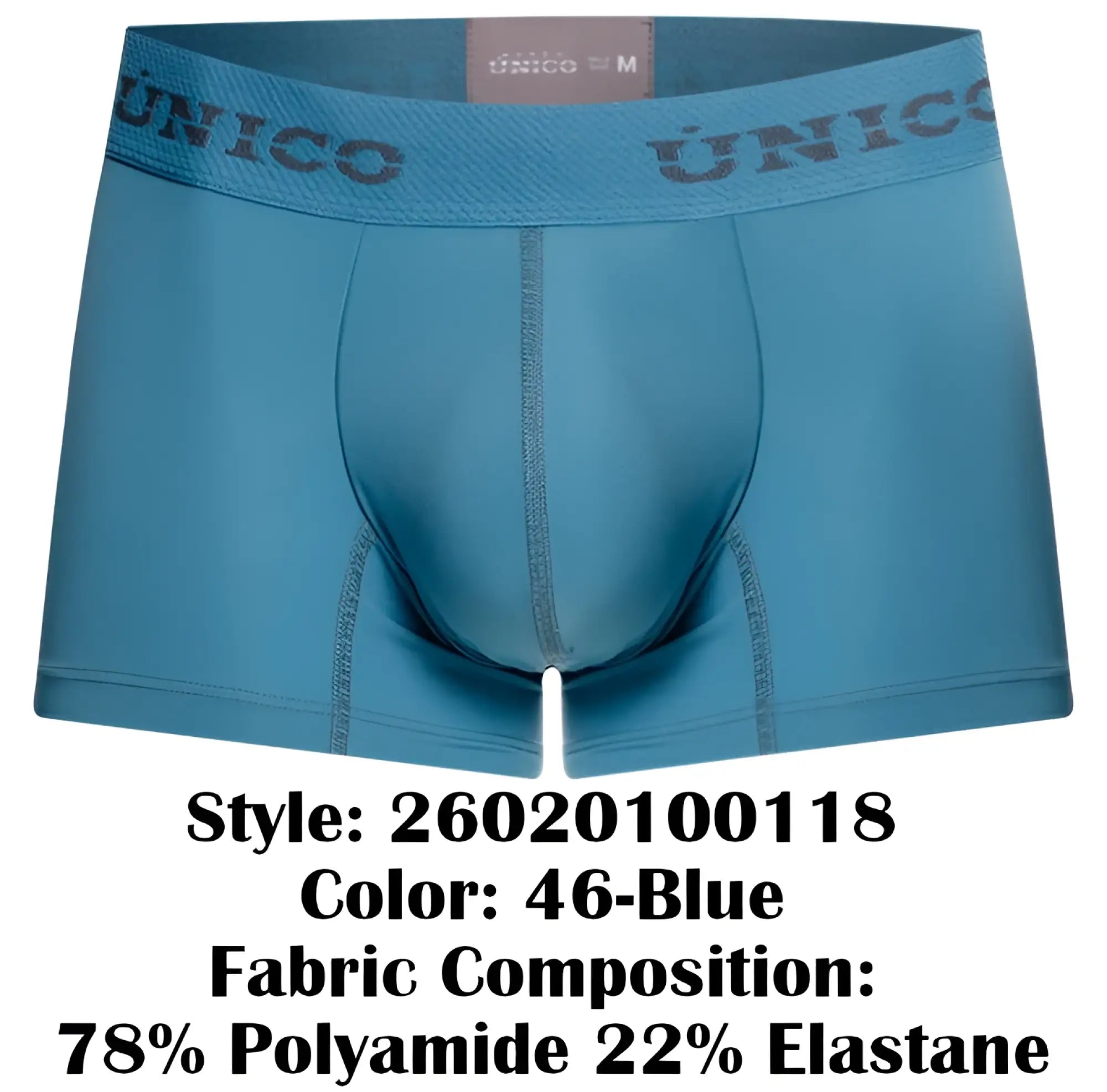 A pair of light blue unico 26020100118 ventisca men’s boxer briefs with a textured waistband and dark gray branding