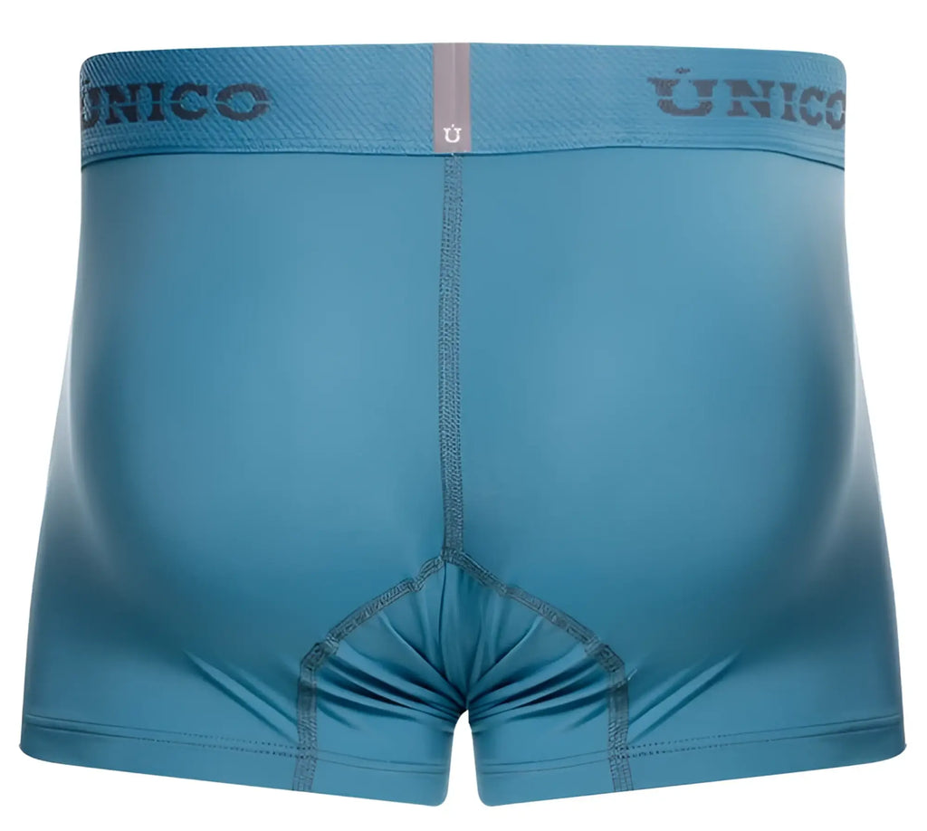 A sleek solid blue unico 26020100118 ventisca men’s boxer brief with matching waistband and subtle stitching details