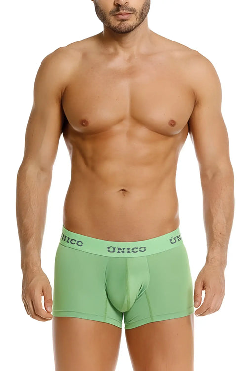 Light green unico brand briefs with subtle elastic waistband featuring brand name in dark gray lettering color 43-green