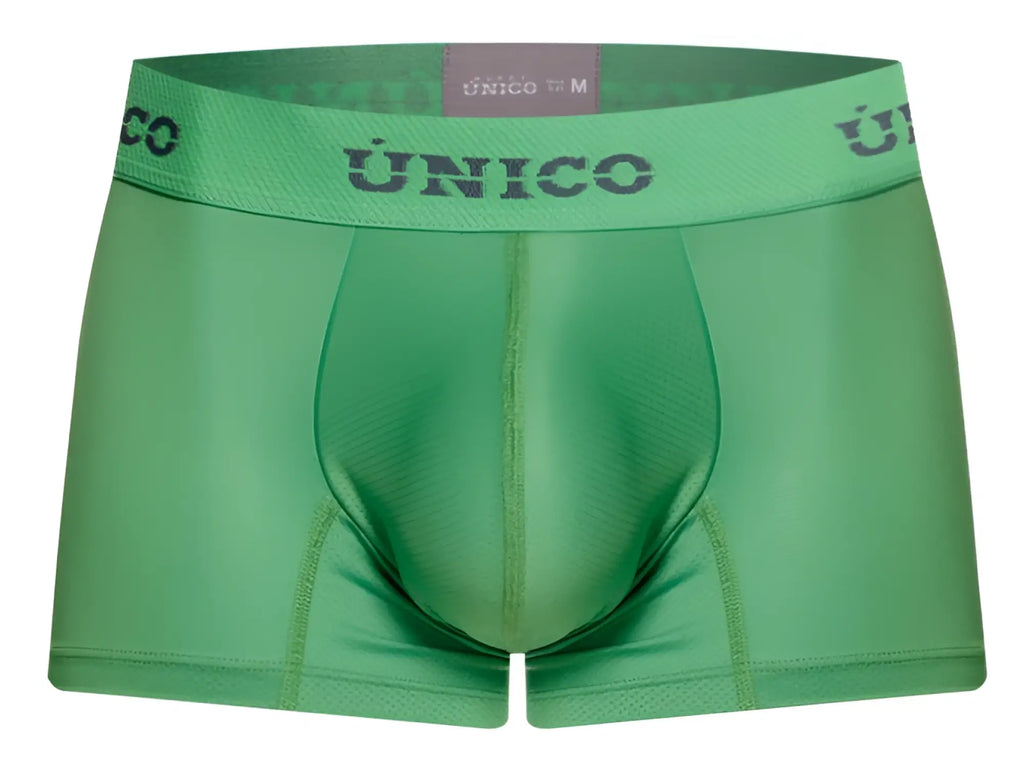 Green unico men’s boxer briefs with matching elastic waistband featuring dark gray brand name lettering