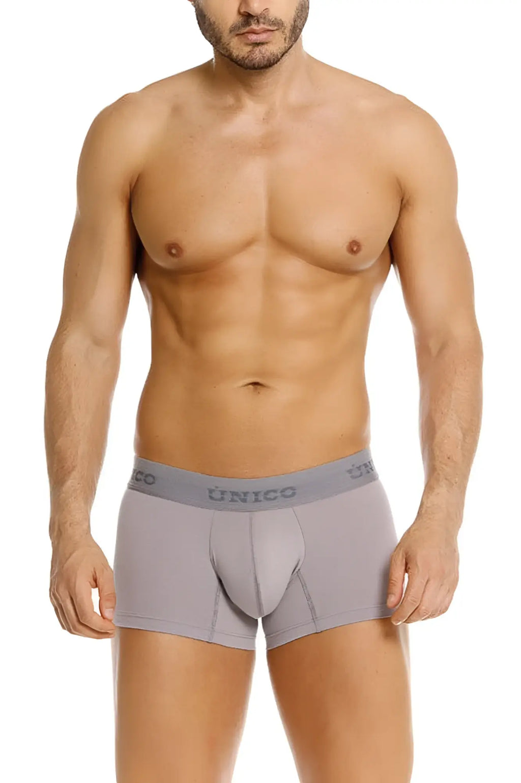 Gray unico men’s boxer briefs with contoured pouch and elastic waistband in color 59-gray ruano trunks model 26020100120