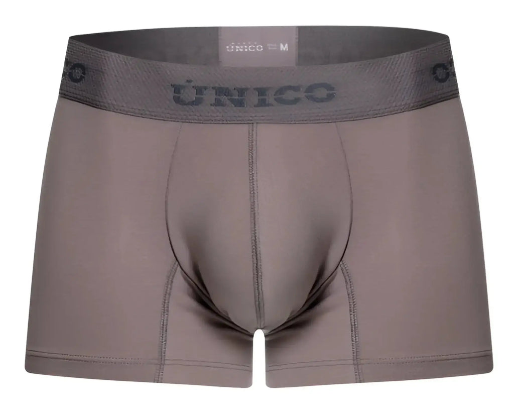 Gray unico men’s boxer briefs with matching elastic waistband featuring brand name and size in ruano trunks style