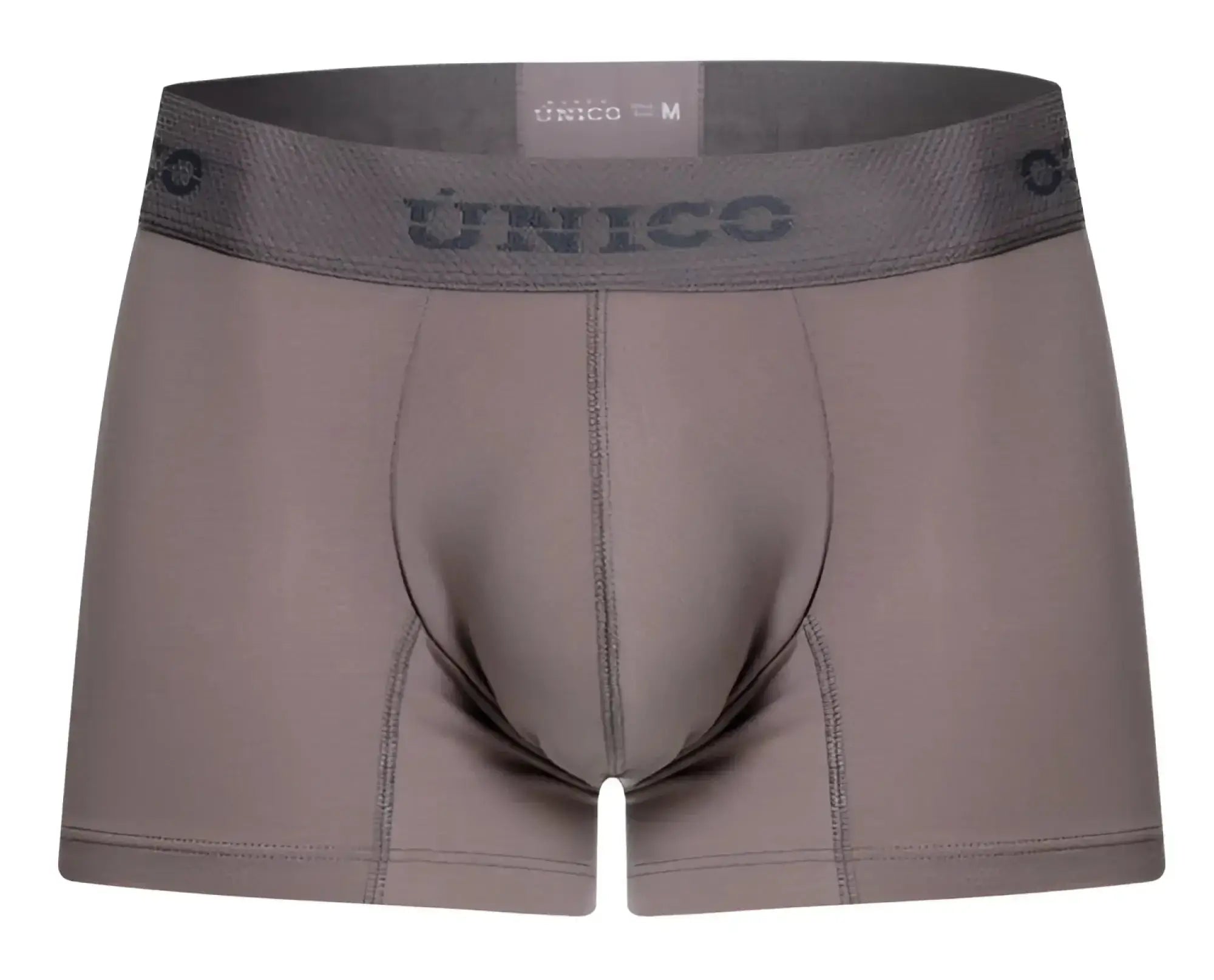 Gray unico men’s boxer briefs with matching elastic waistband featuring brand name and size in ruano trunks style