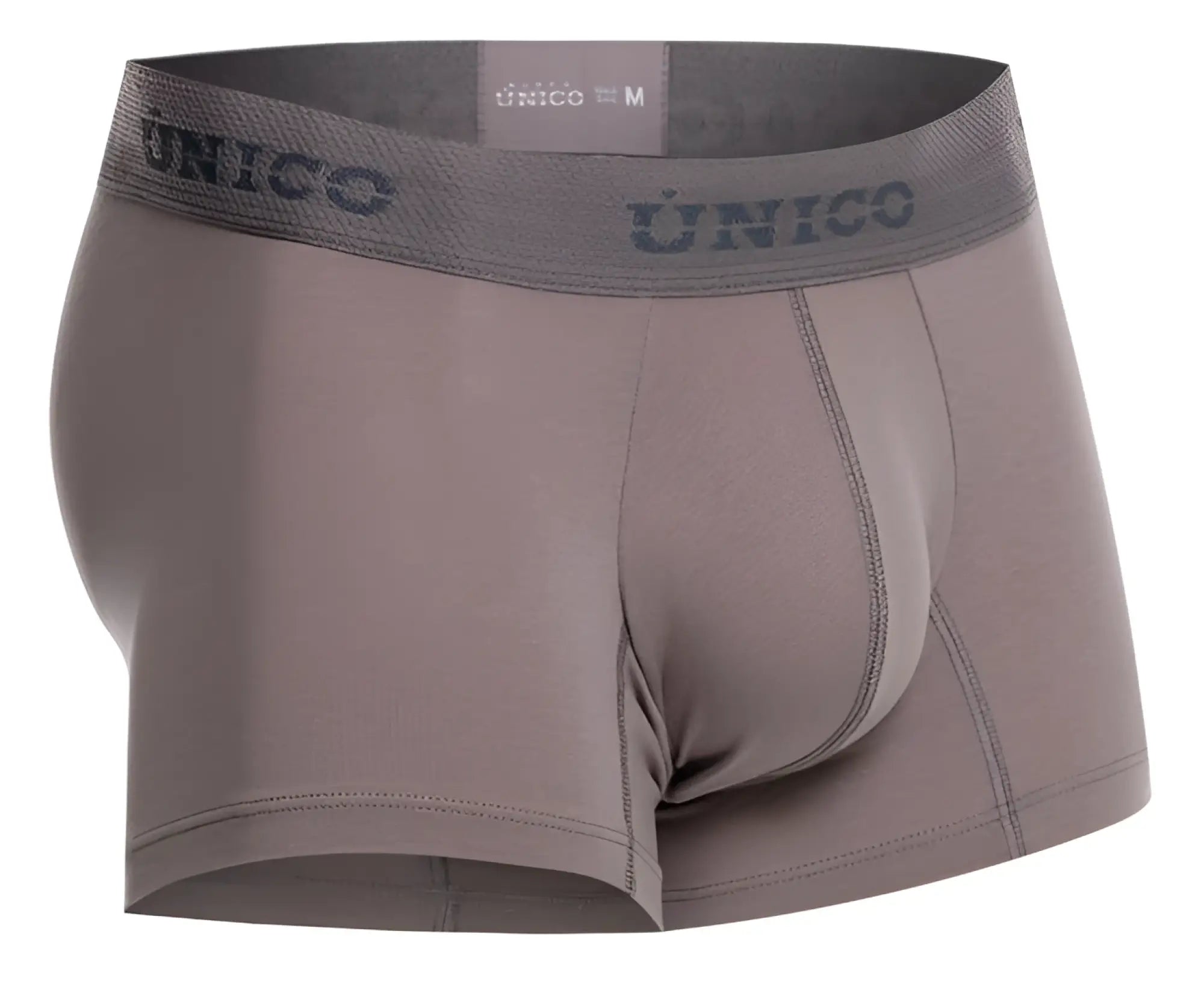 Gray unico men’s boxer briefs with matching elastic waistband featuring unico logo in color 59-gray