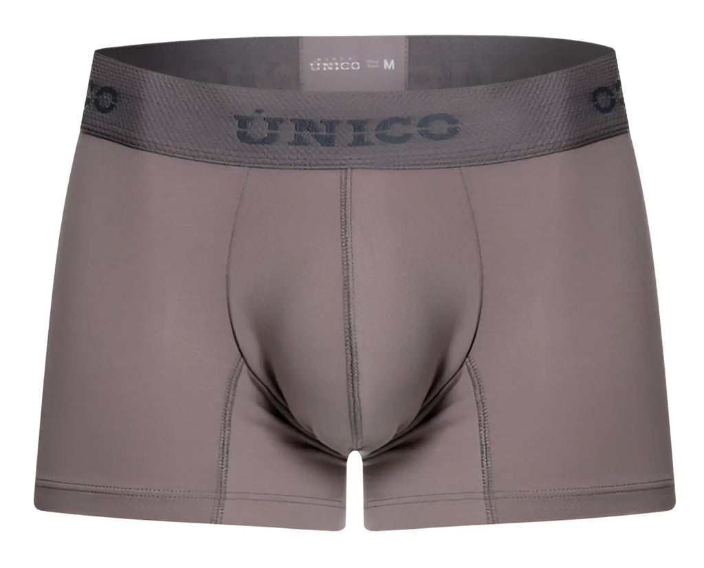 Gray unico men’s boxer briefs with matching elastic waistband featuring brand name and size in ruano trunks style