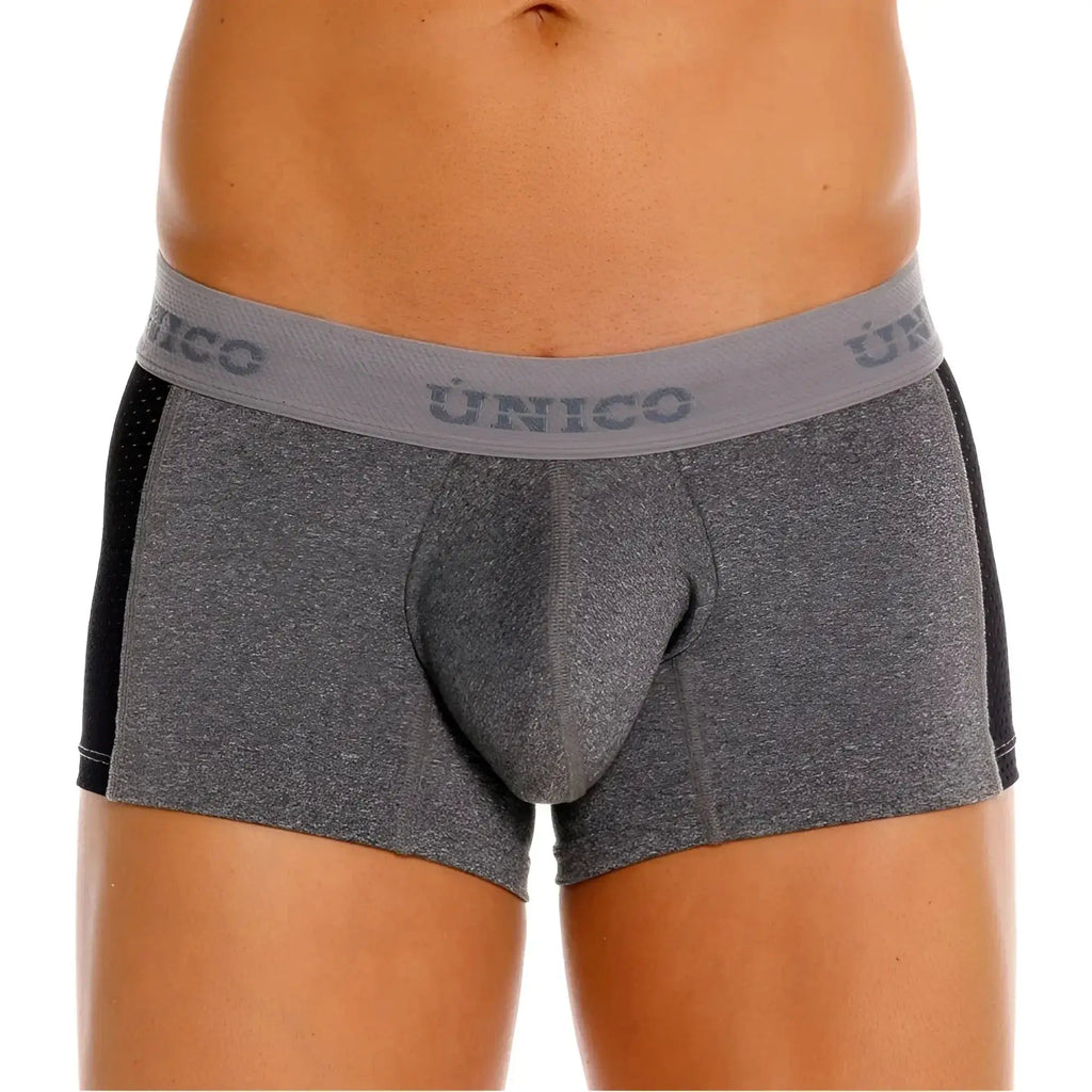 Gray heathered unico 26020100121 brio trunks with black side panels and matching branded elastic waistband