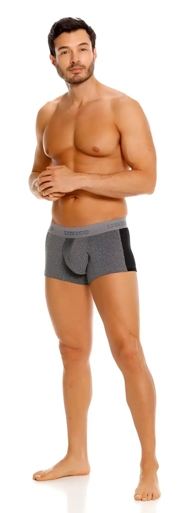 Gray and black men’s briefs with textured fabric waistband featuring Unico brand name color 59-gray