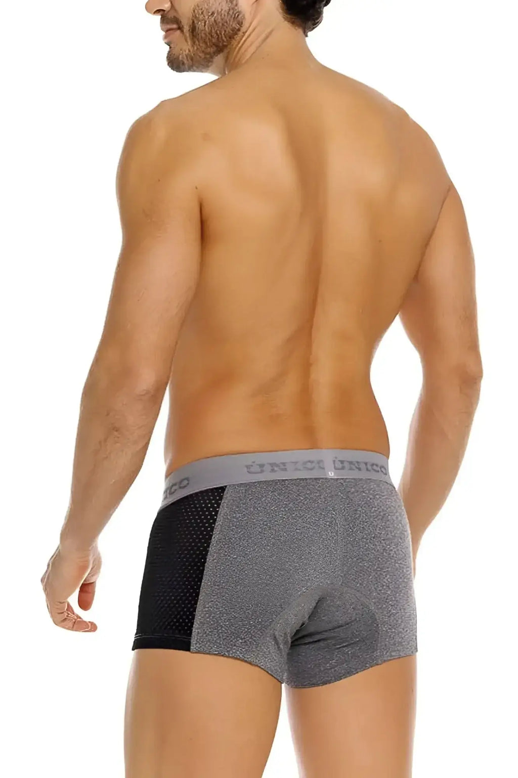 Gray and black mesh-trimmed unico 26020100121 brio trunks boxer briefs with branded elastic waistband
