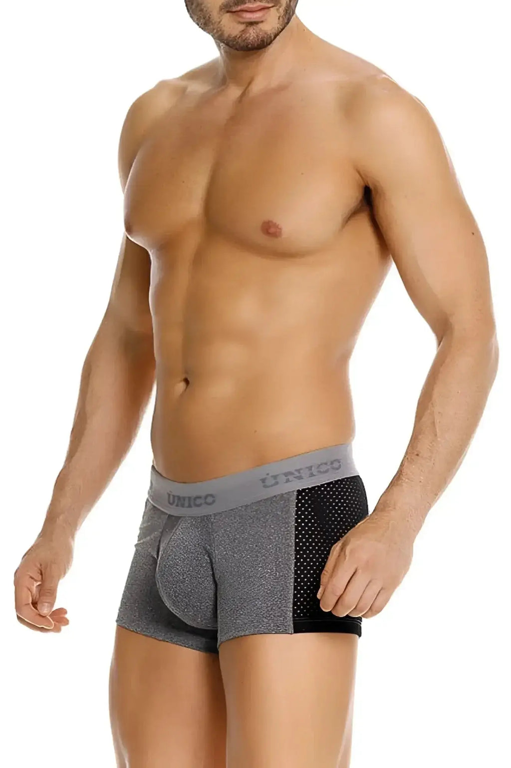 Unico 26020100121 Brio trunks gray boxer briefs with black mesh pattern and branded elastic waistband
