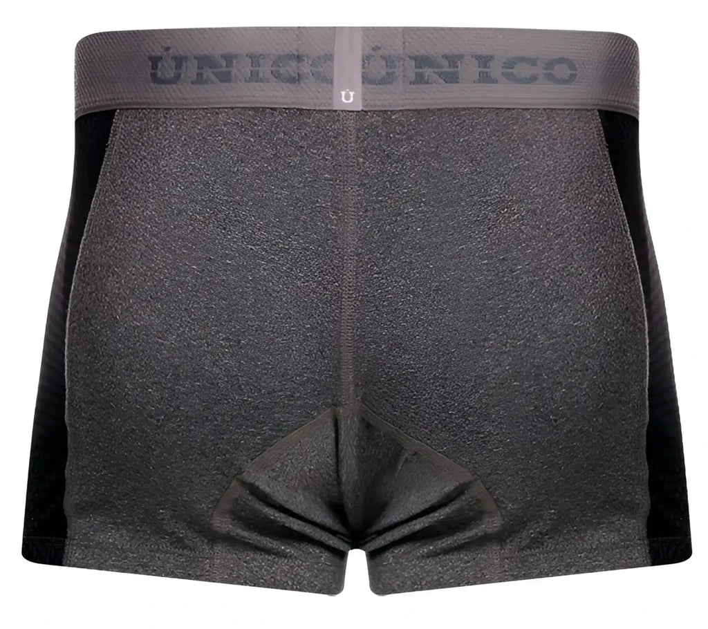 Gray heathered boxer briefs with black side panels and unico branded waistband from unico 26020100121 brio trunks