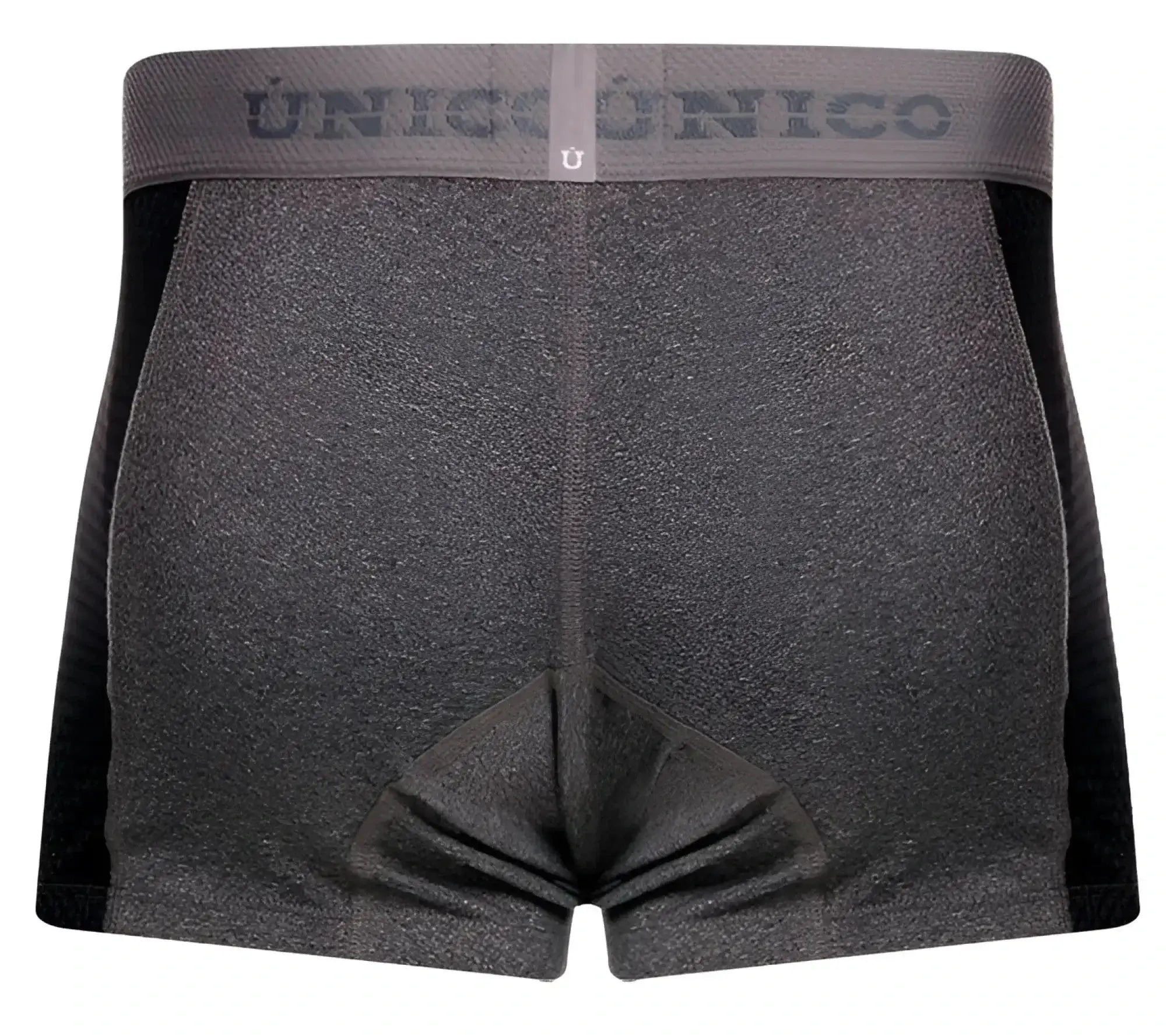 Gray heathered boxer briefs with black side panels and unico branded waistband from unico 26020100121 brio trunks