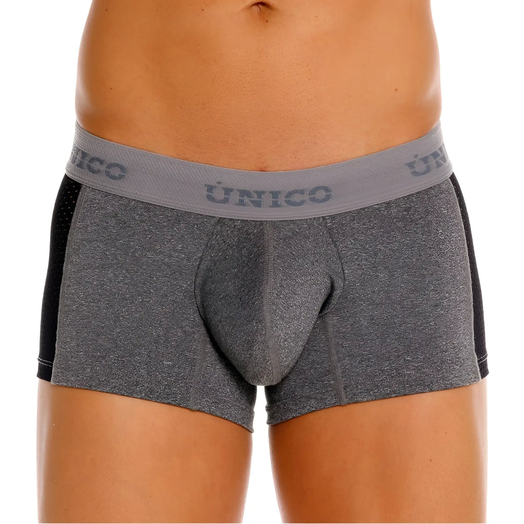 Gray heathered unico 26020100121 brio trunks with black side panels and matching branded elastic waistband