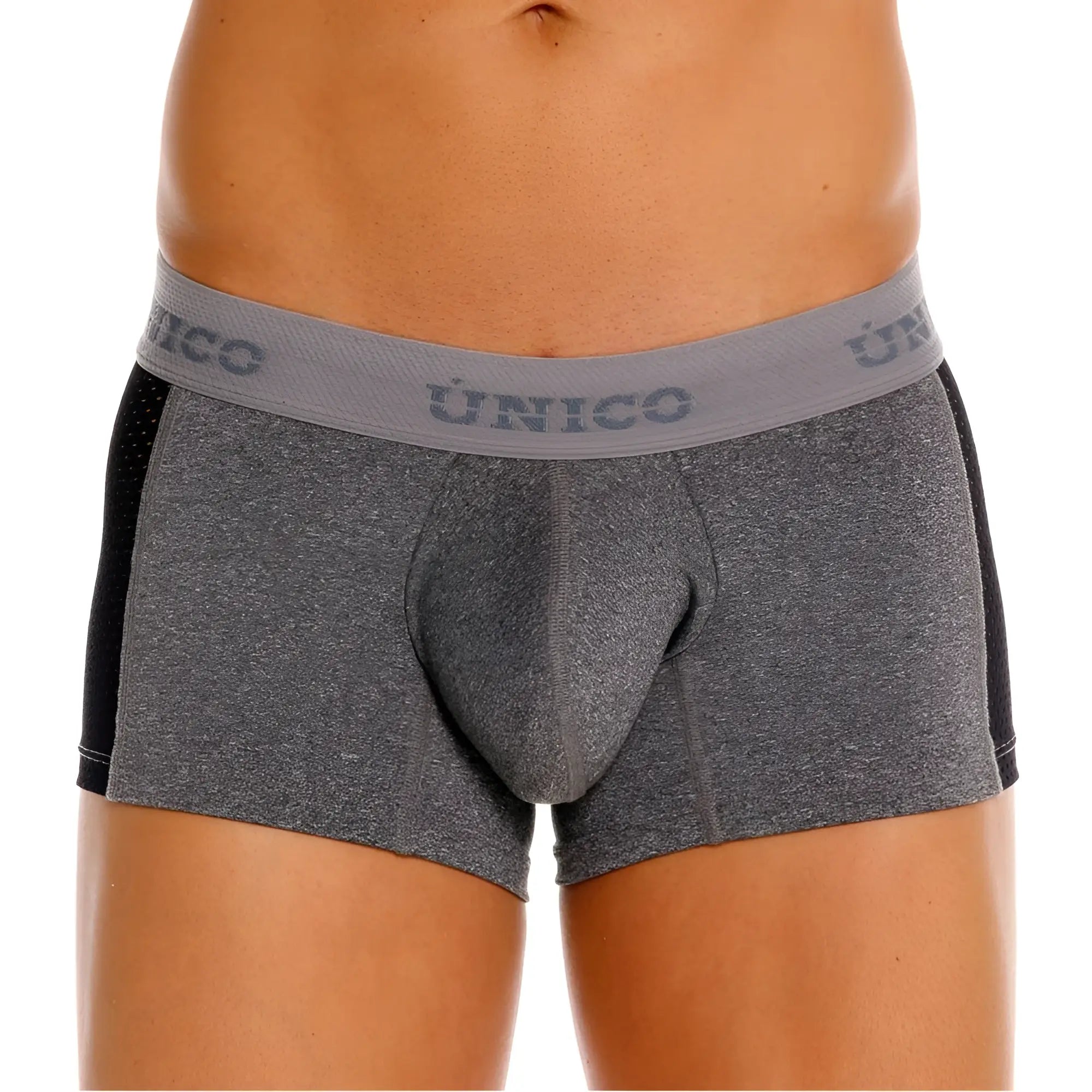 Gray heathered unico 26020100121 brio trunks with black side panels and matching branded elastic waistband
