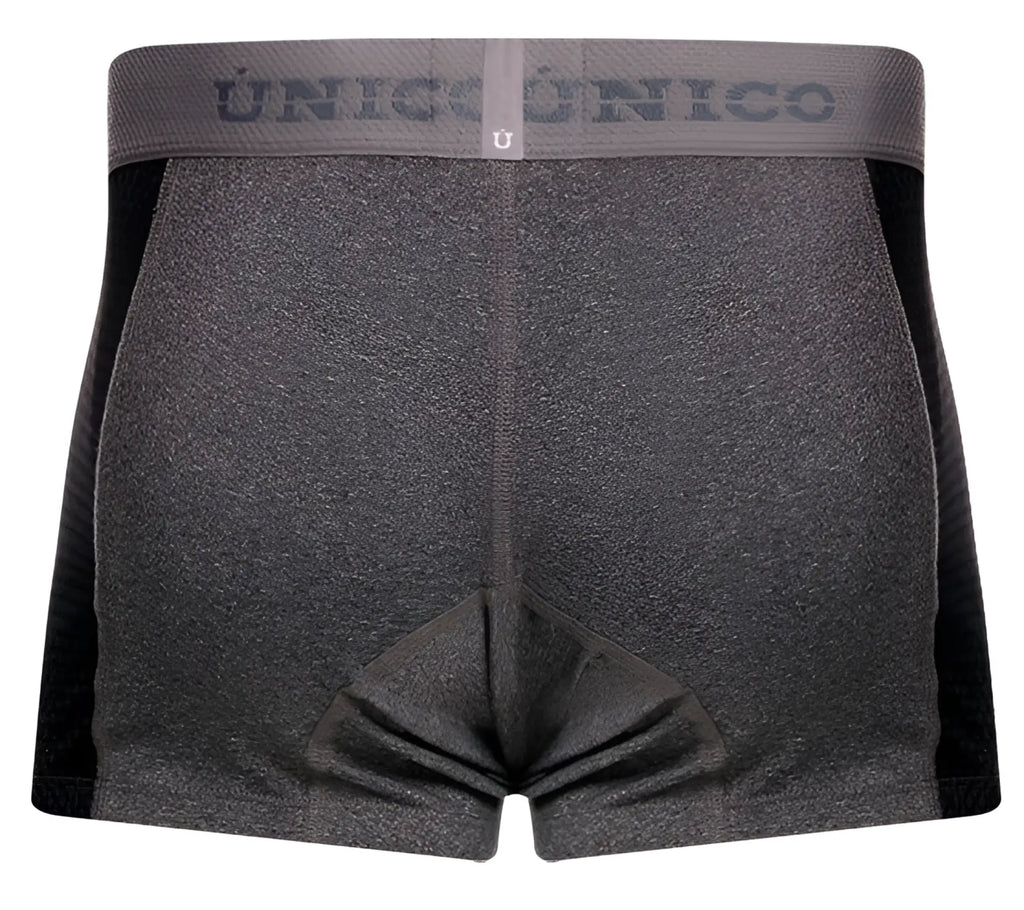 Gray heathered boxer briefs with black side panels and unico branded waistband from unico 26020100121 brio trunks