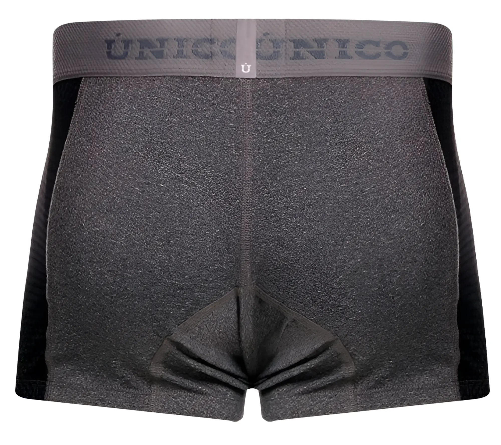 Gray heathered boxer briefs with black side panels and unico branded waistband from unico 26020100121 brio trunks