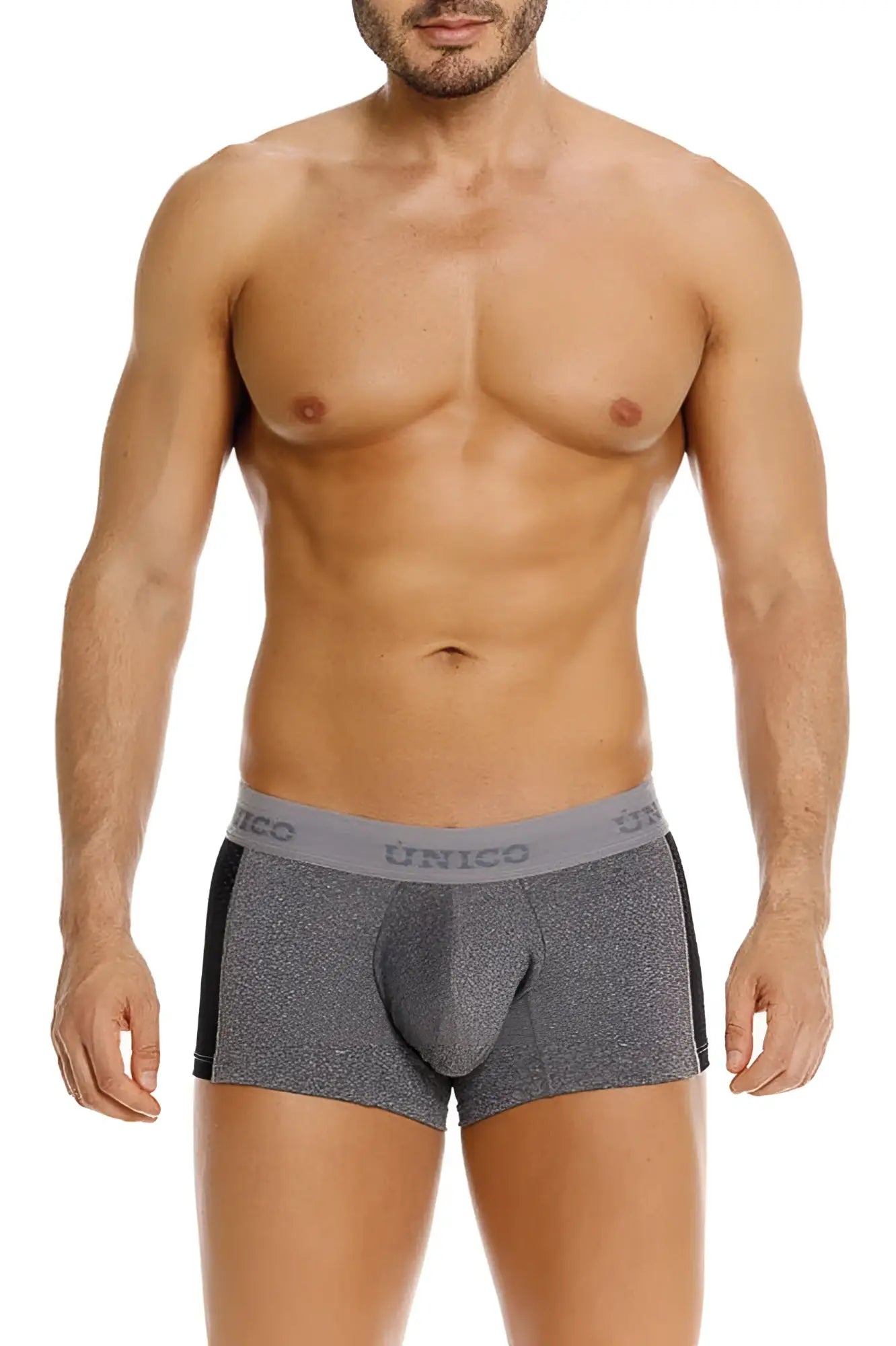 Gray heathered unico men’s boxer briefs with black side panels and branded waistband in color 59 gray