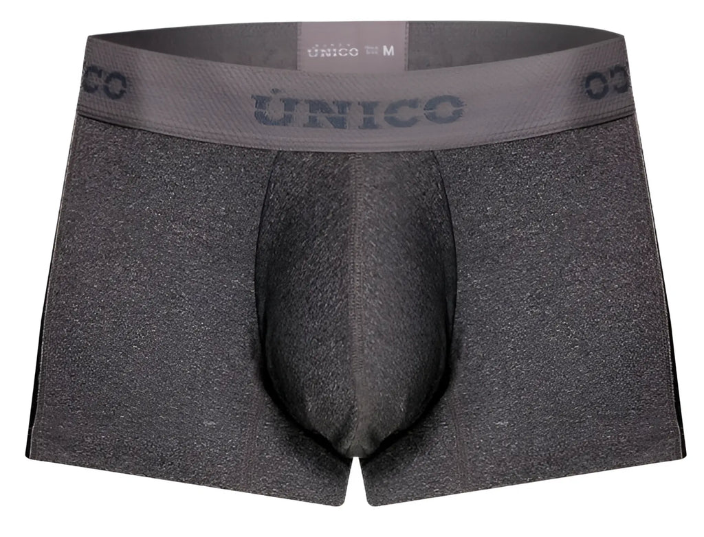 Gray heathered men’s briefs with matching elastic waistband featuring unico brand name in dark gray lettering