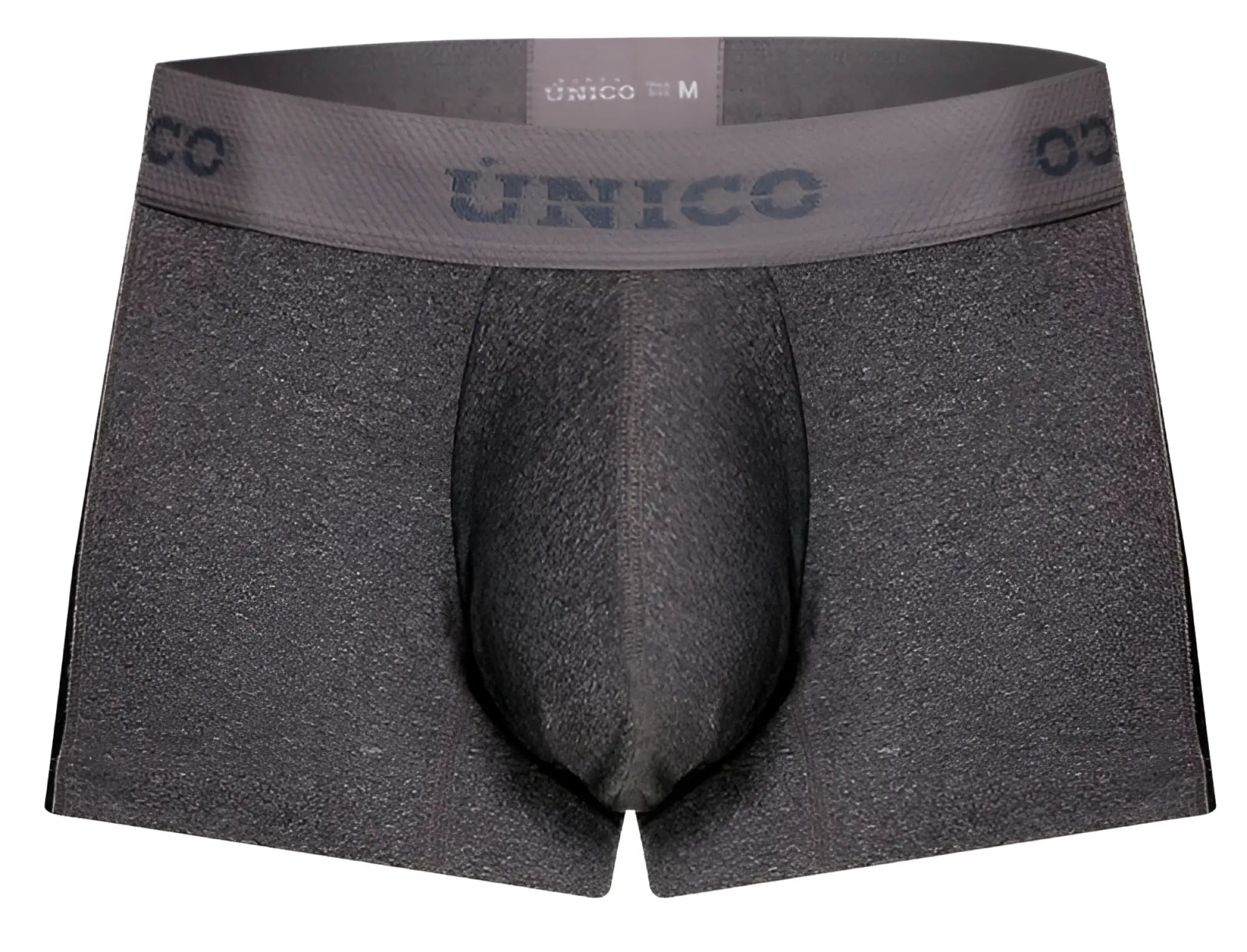 Gray heathered men’s briefs with matching elastic waistband featuring unico brand name in dark gray lettering