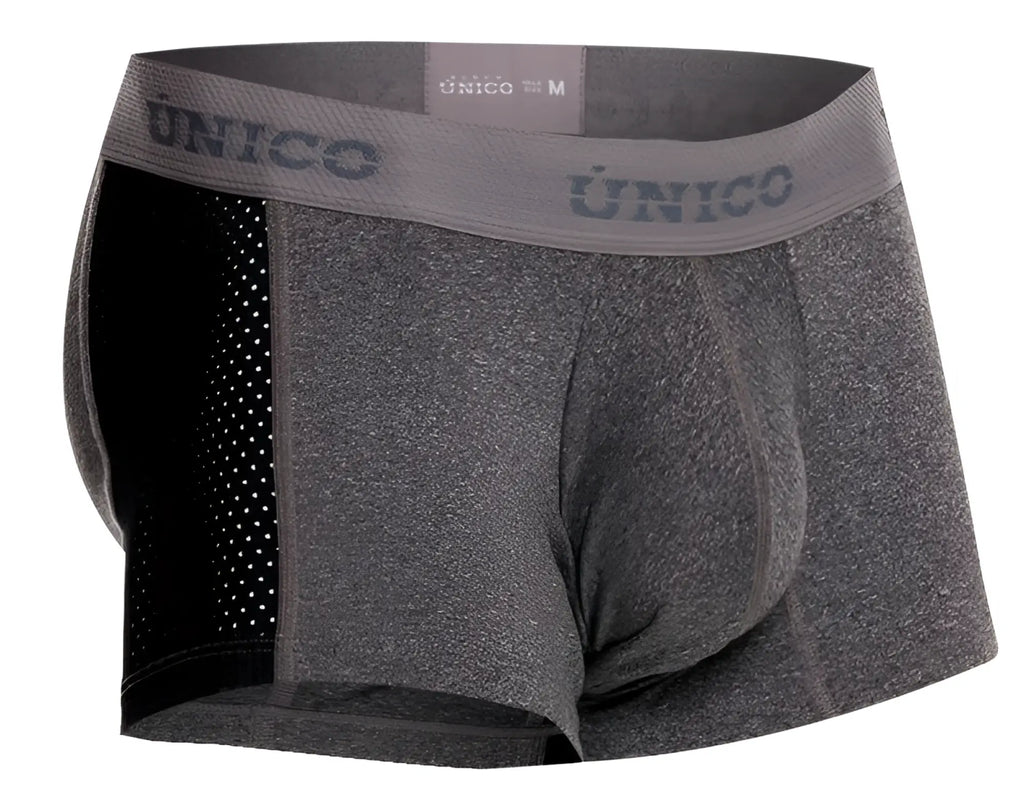 Gray textured men’s boxer briefs with black mesh side panel and unico branded waistband in color 59-gray