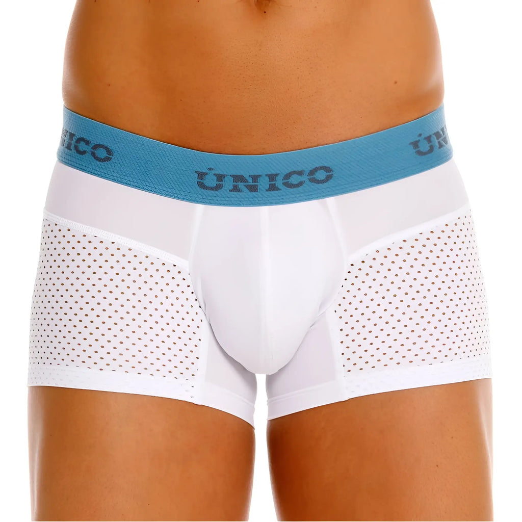 White unico 26020100122 sedoso boxer briefs with blue waistband and perforated side panels for breathability