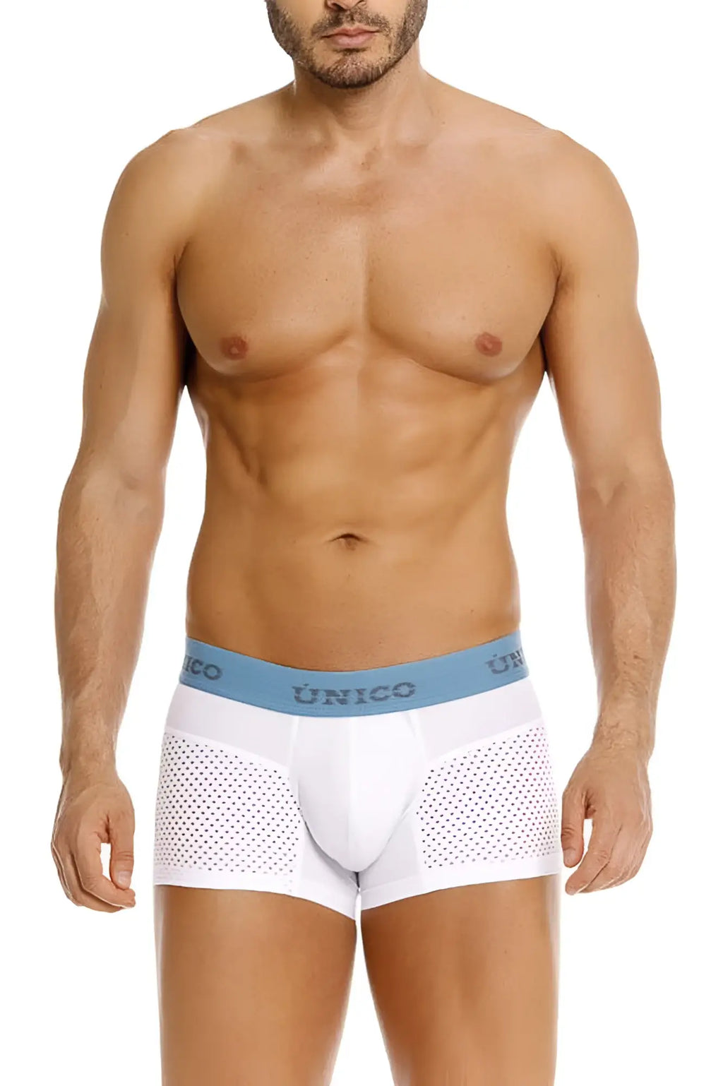White unico boxer briefs with light blue branded waistband and perforated mesh side panels in sedoso fabric