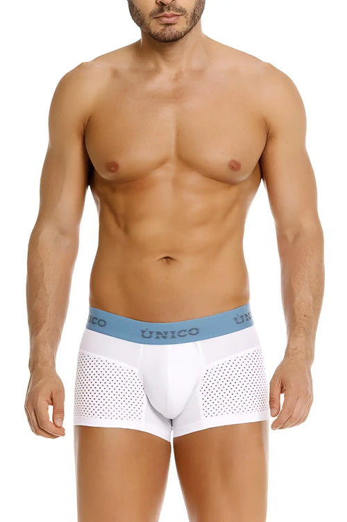 White unico boxer briefs with light blue branded waistband and perforated mesh side panels in sedoso fabric