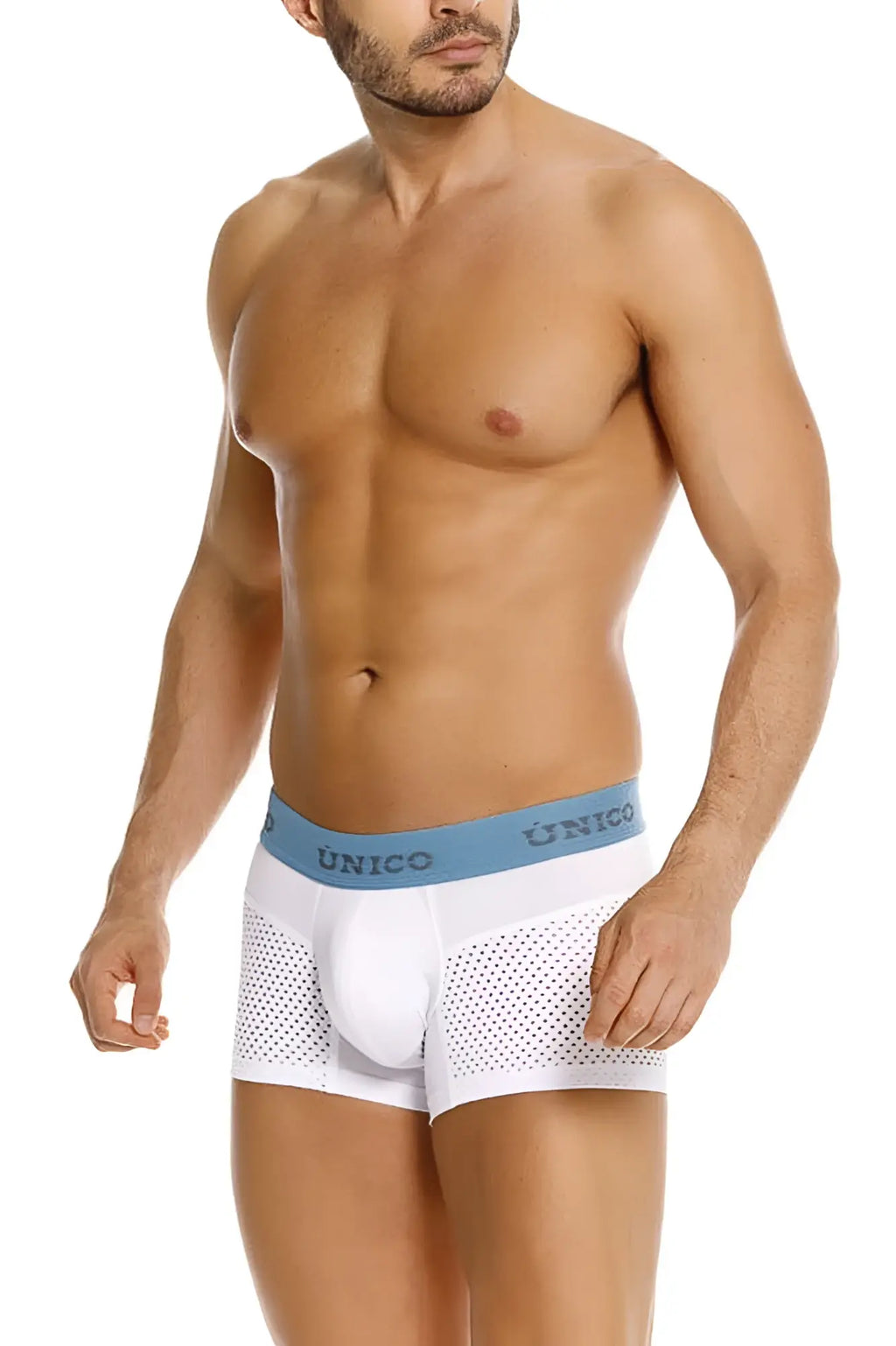 White unico 26020100122 sedoso trunks with light blue waistband and perforated mesh sides in white color