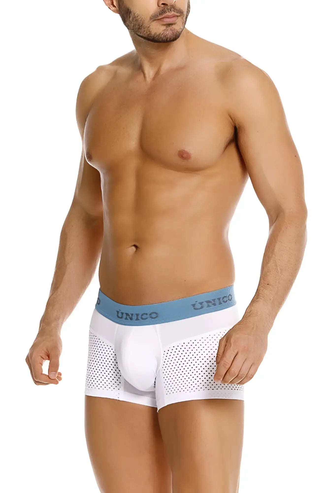 White unico 26020100122 sedoso trunks with light blue waistband and perforated mesh sides in white color