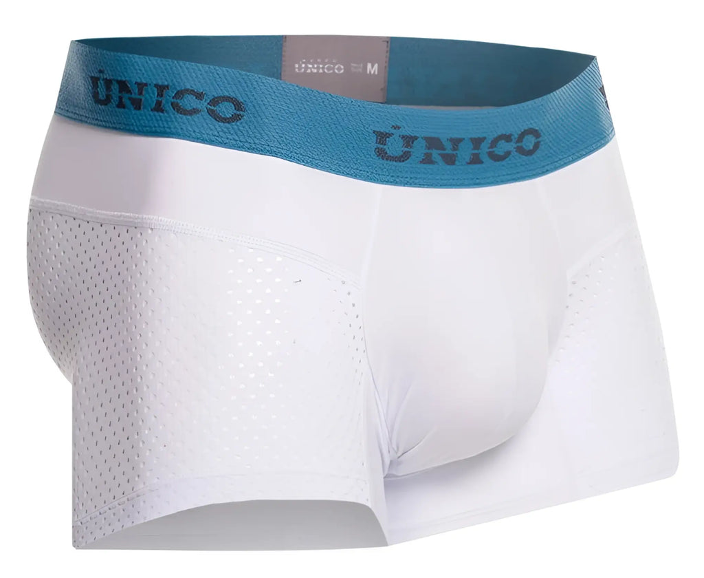 White unico 26020100122 sedoso men’s boxer briefs with blue waistband and perforated mesh side panels