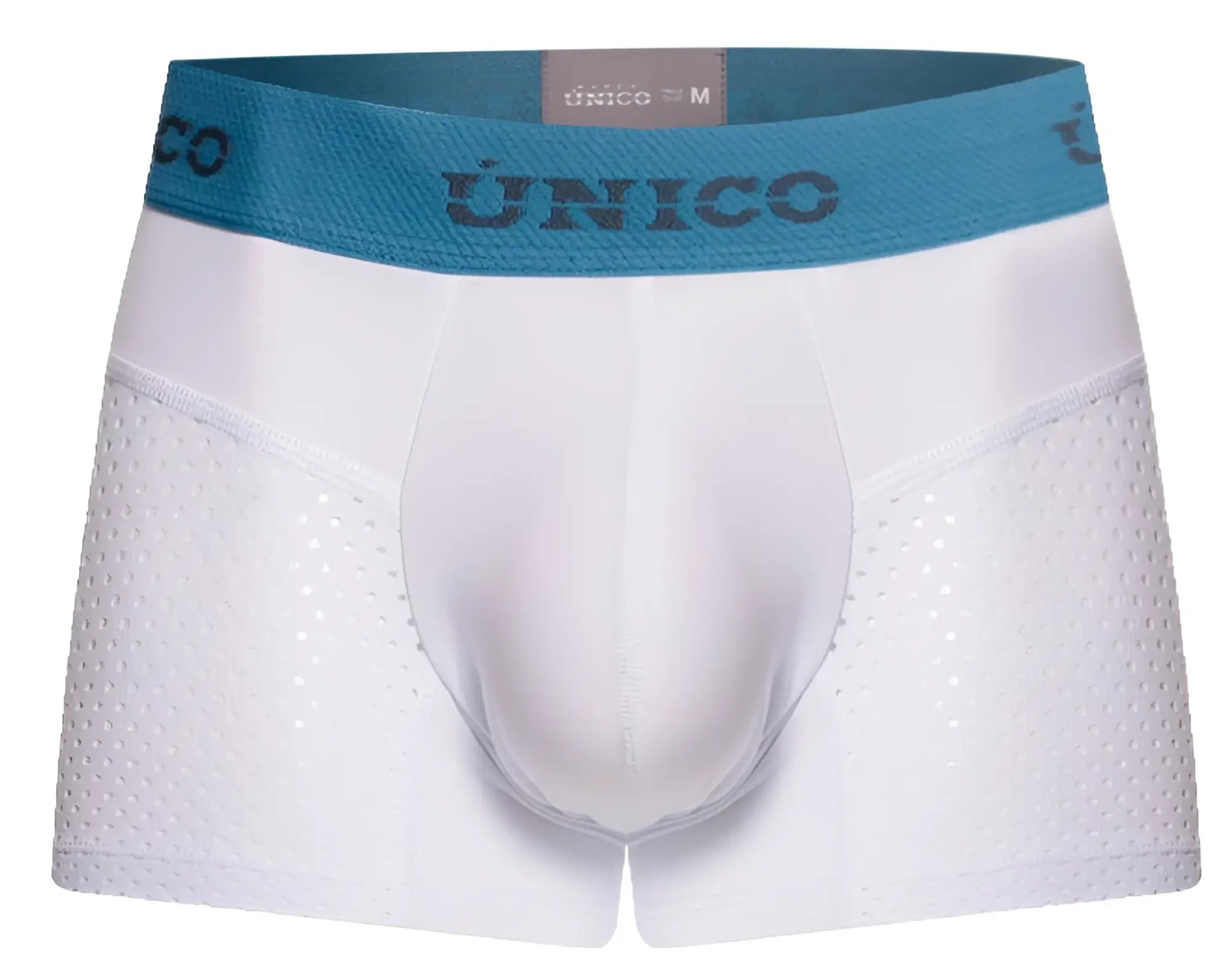 White unico men’s boxer briefs with teal waistband and perforated side panels from unico sedoso trunks color 00-white