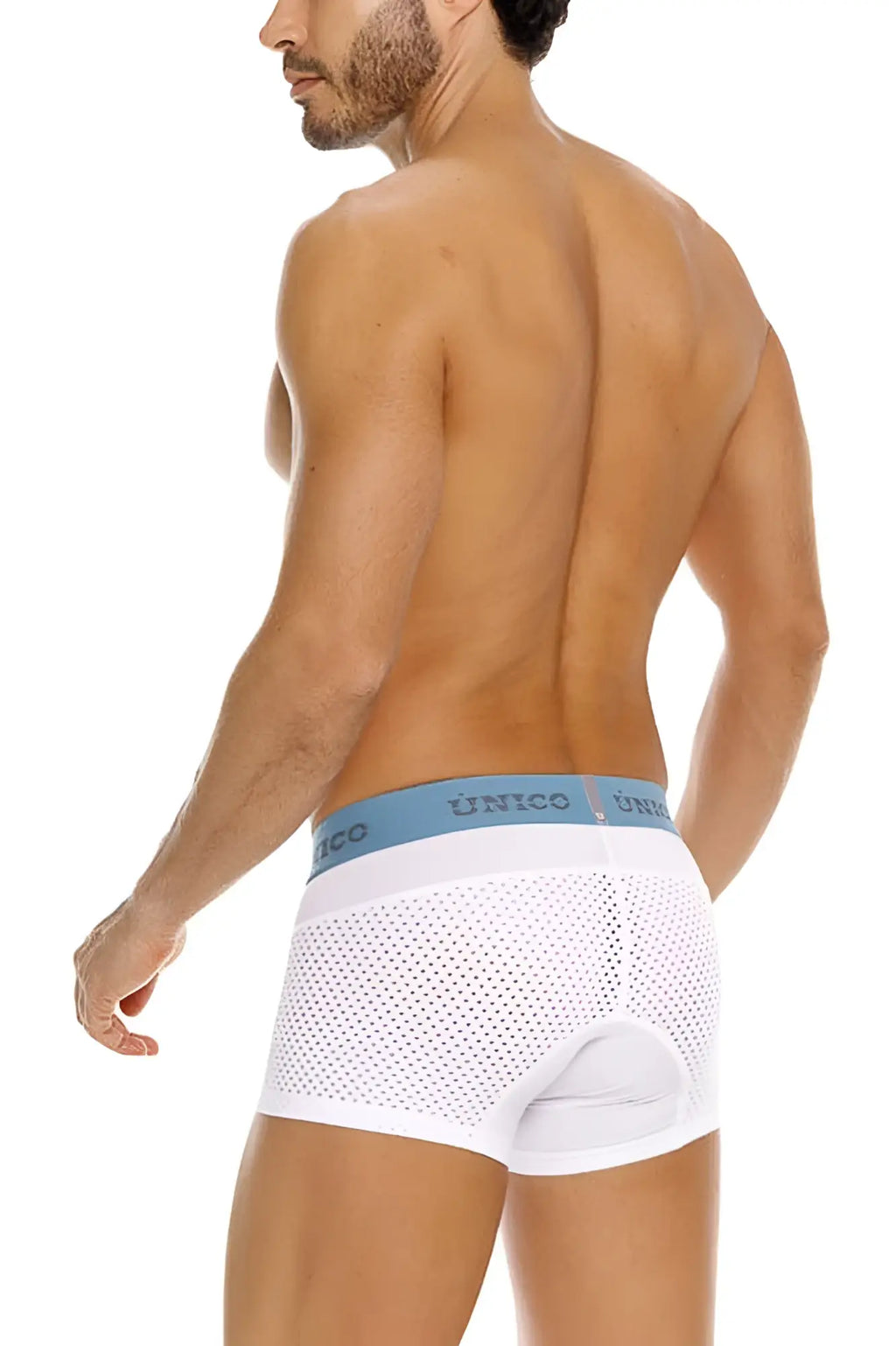 White mesh sedoso trunks with light blue unico branded elastic waistband color 00-white