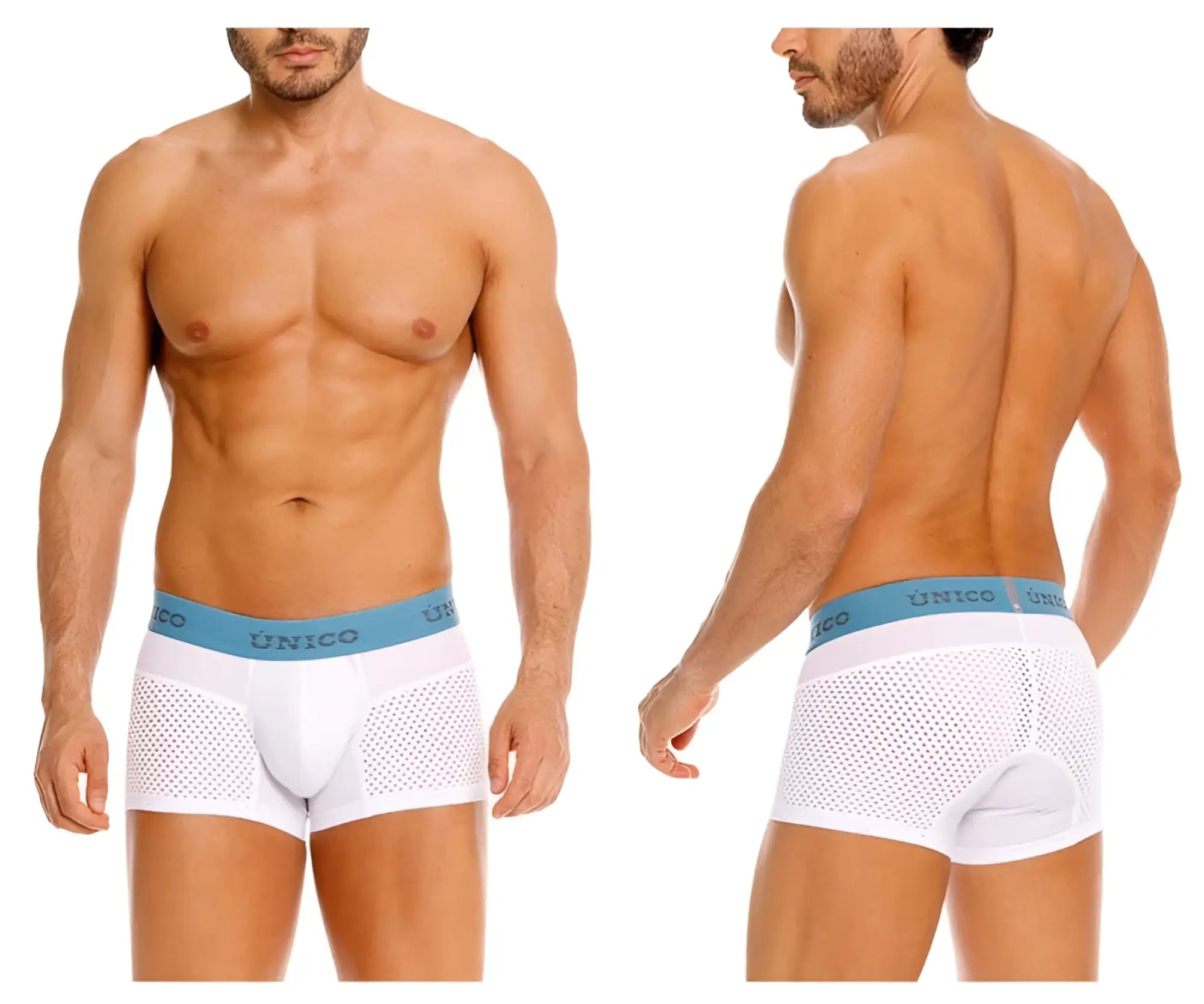 White mesh unico sedoso trunks with light blue elastic waistband for comfortable everyday wear