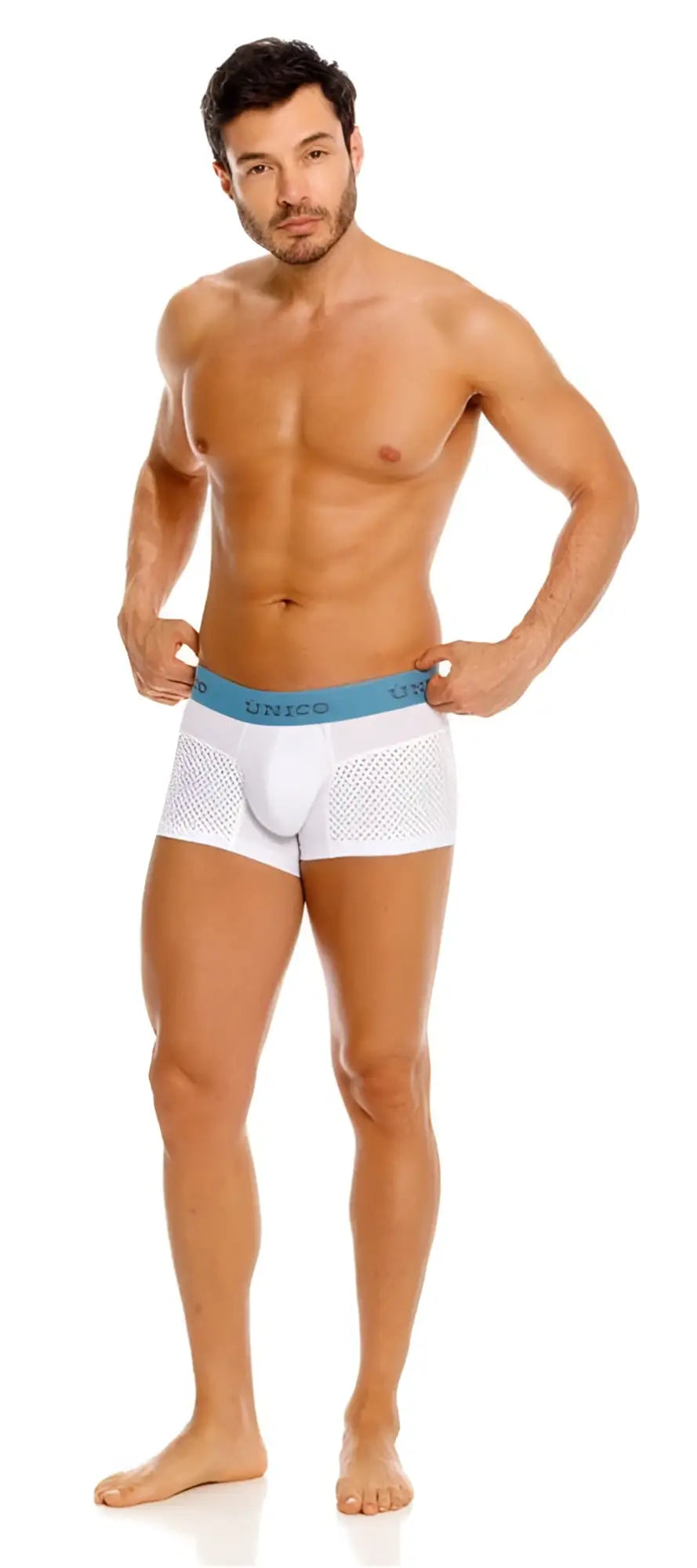 White mesh unico 26020100122 sedoso trunks with light blue elastic waistband in color 00-white