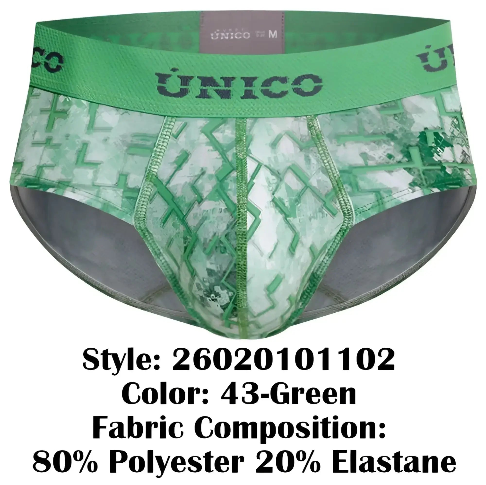Green patterned unico 26020101102 piramide briefs with geometric design and elastic waistband for men