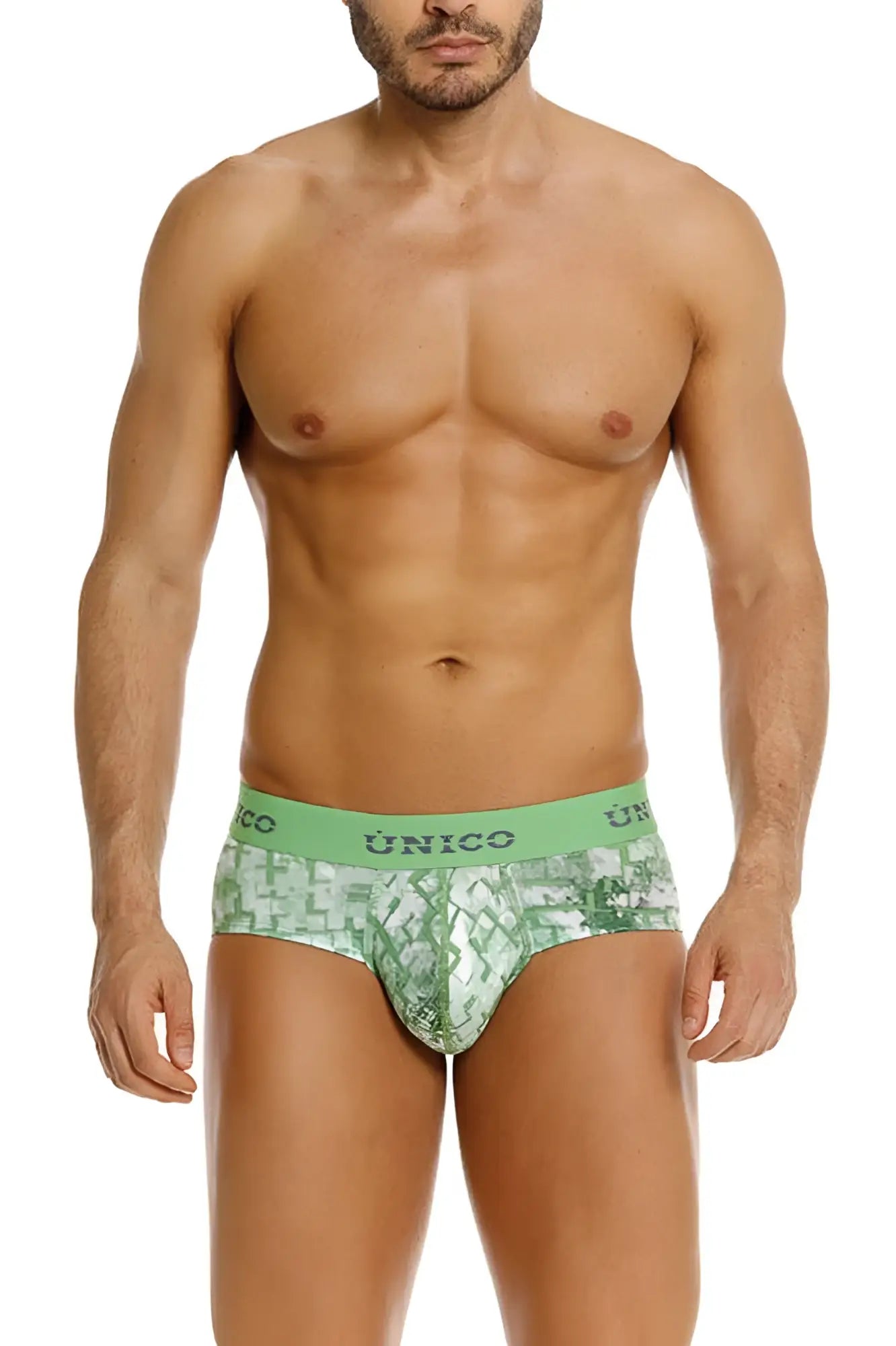 Green patterned unico 26020101102 piramide briefs with solid green waistband in vibrant green color