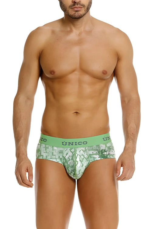 Green patterned unico 26020101102 piramide briefs with solid green waistband in vibrant green color