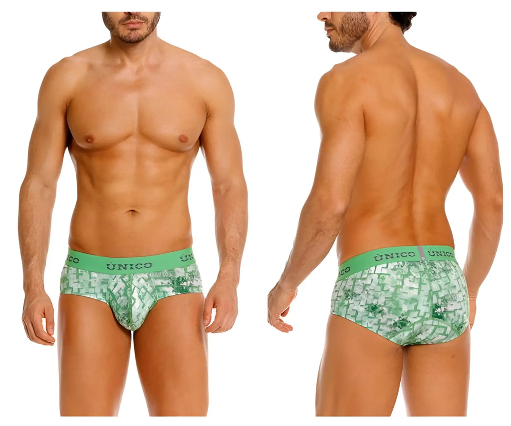 Unico 26020101102 Piramide briefs in green with patterned fabric and solid waistband featuring unico brand name