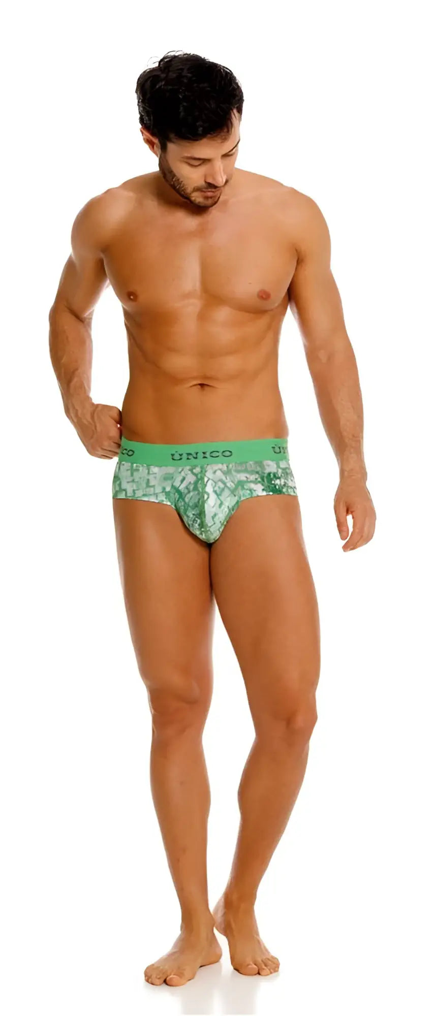 Green patterned unico briefs with solid green waistband in color 43-green from unico 26020101102 piramide collection