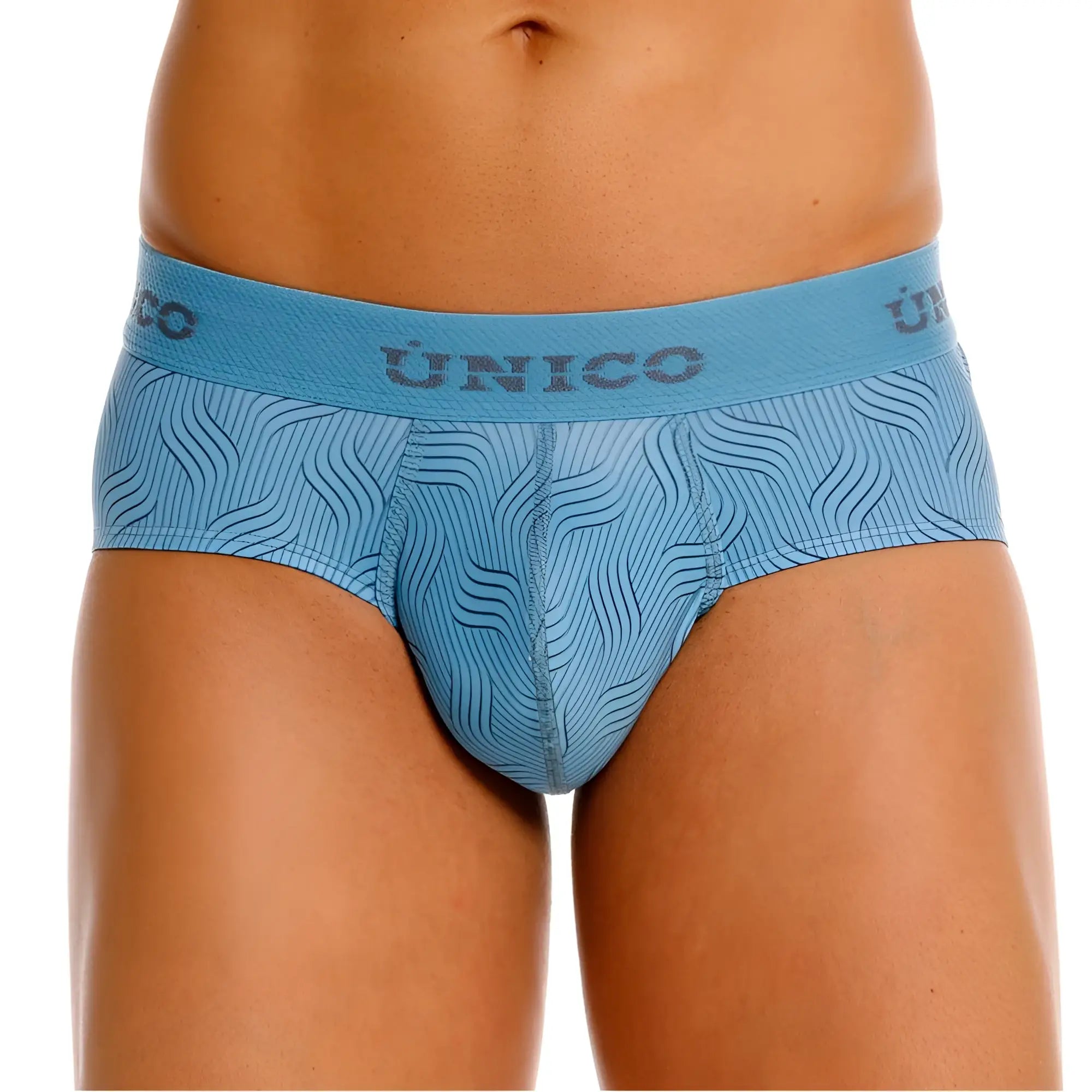 Light blue unico men’s Lenoso briefs with a subtle wave pattern across the fabric in color 46-Blue
